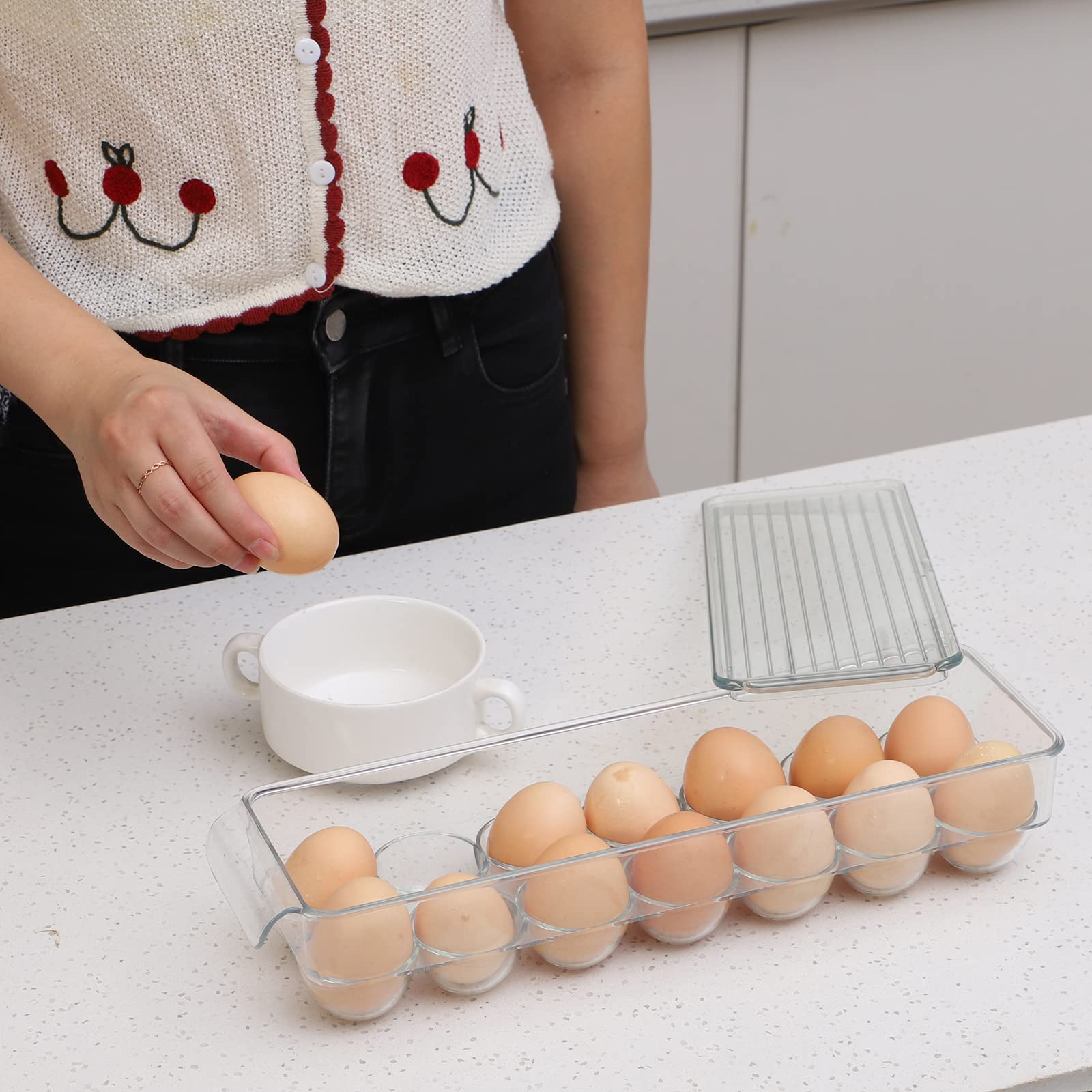 Clear Stackable Acrylic Egg Container for Refrigerator - 14 Egg Organizer Holder with Narrow Design, Plastic Egg Storage Bins for Fridge Organization (2PCS) - Perfect for Kitchen Storage, Pantry Organization & Breakfast Meal Prep