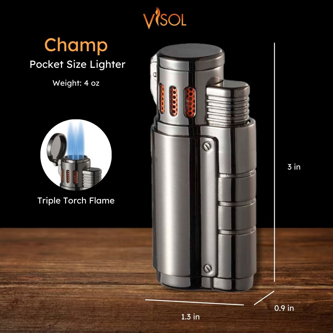 Visol Champ Triple Torch Cigar Lighter - Windproof Butane Lighter for Cigars, Cigarettes & Outdoor Use - Gunmetal Finish - Perfect for Smoking Enthusiasts & Gifts