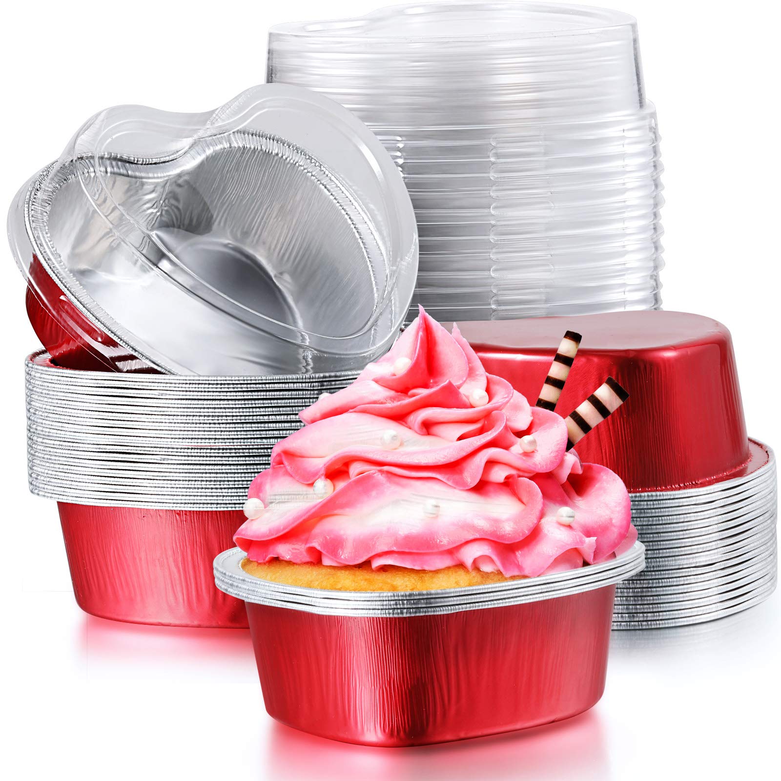 Heart-Shaped Aluminum Foil Baking Cups with Lids - 100ml/3.4oz Disposable Mini Cake Pans for Cupcakes, Flan & Desserts - Perfect for Valentine's Day, Mother's Day, Weddings, Christmas & Birthdays (Red, 40 Sets) - Ideal for Home Baking, Party Favors & Holiday Treats