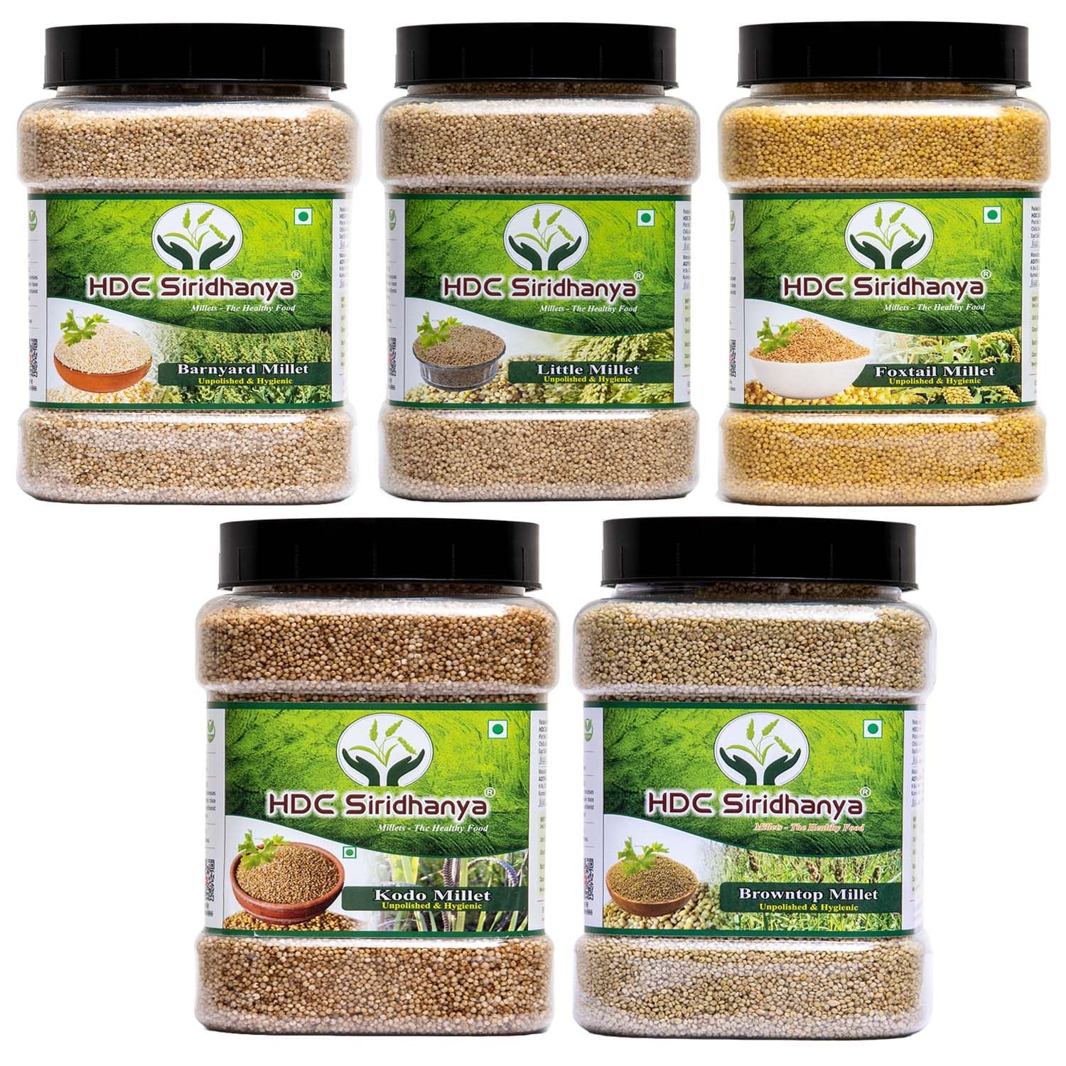 Organic Siridhanya Unpolished Millets - 5-Pack (Little, Foxtail, Kodo, Brown Top & Barnyard) 900g Each in Glass Jars | Healthy Gluten-Free Grain Alternative for Baking, Porridge & Vegan Recipes