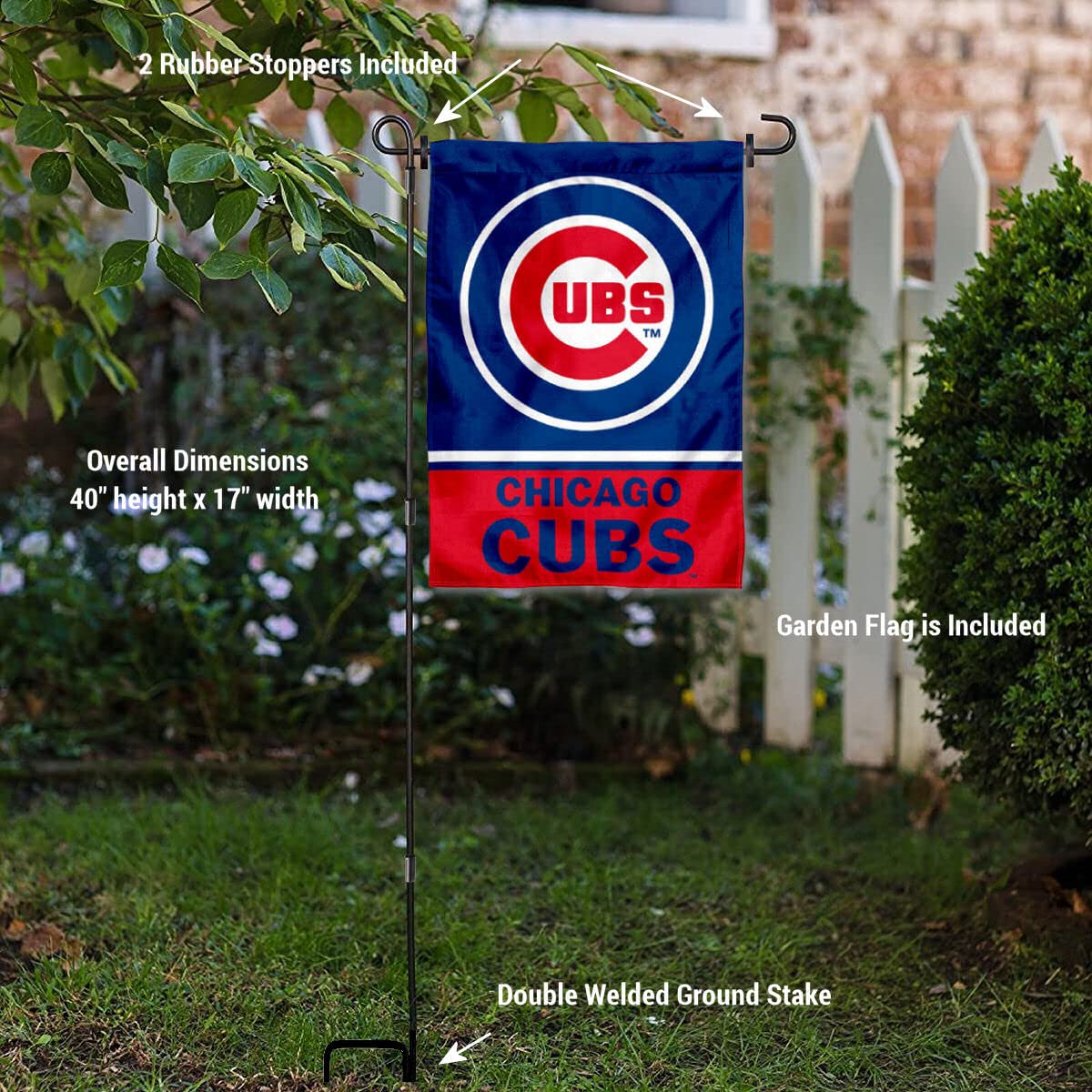 Chicago Cubs Baseball Garden Flag with Stand Holder - MLB Team Decor for Yard, Porch & Outdoor Fan Display