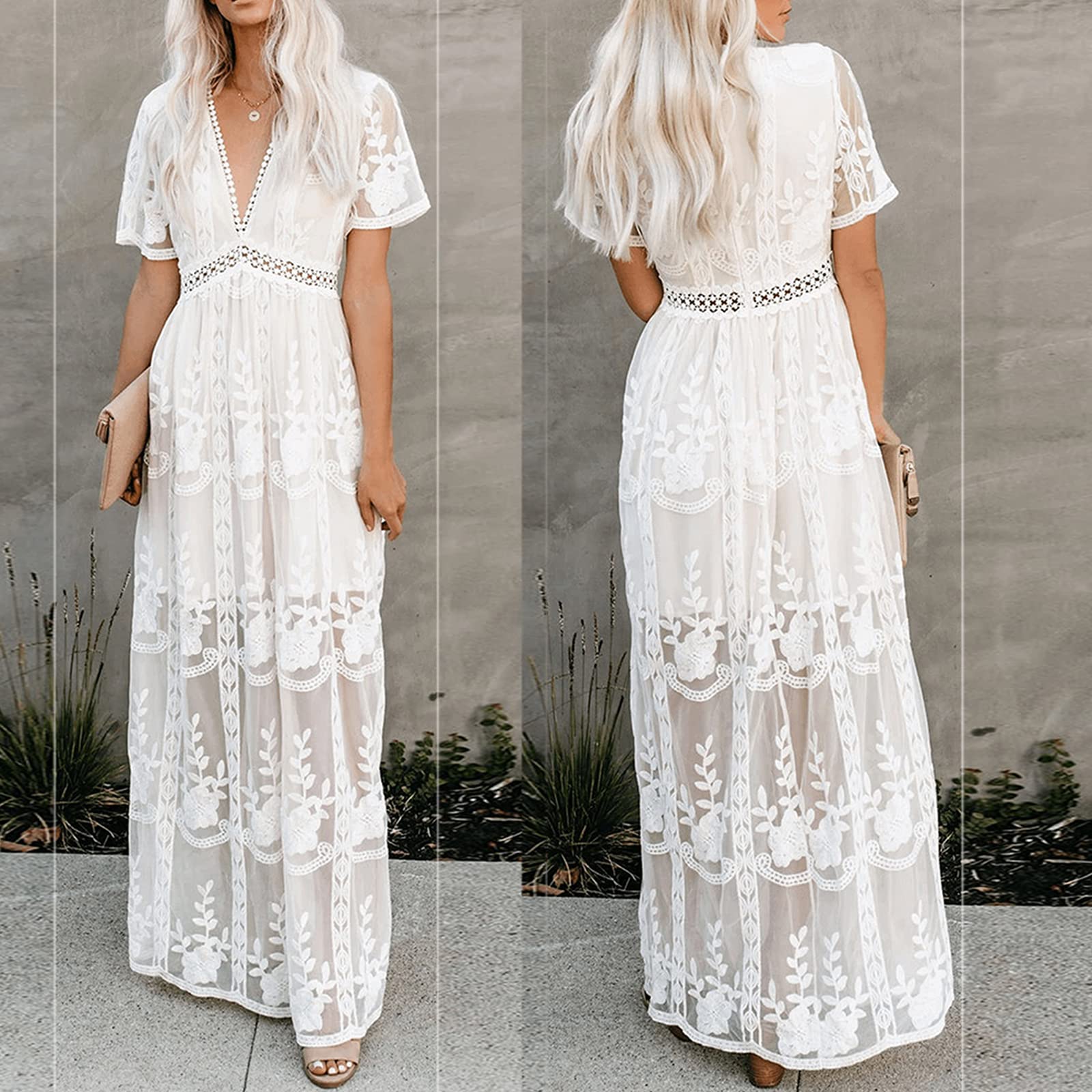 Women's Deep V Neck Short Sleeve Floral Lace Maxi Dress - Elegant Long Bridesmaid Gown for Weddings, Parties & Summer Events