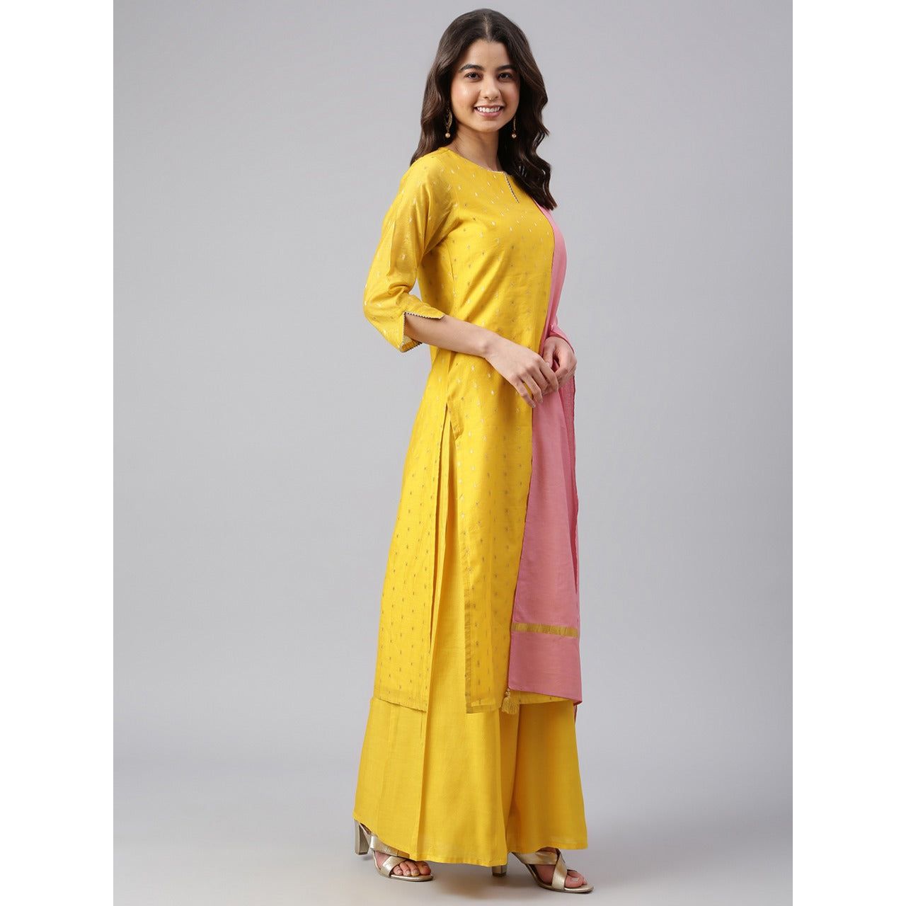 Elegant Yellow and Gold Printed Chanderi Silk Kurta Set for Women | Traditional Indian Ethnic Wear | Perfect for Festivals, Weddings & Special Occasions