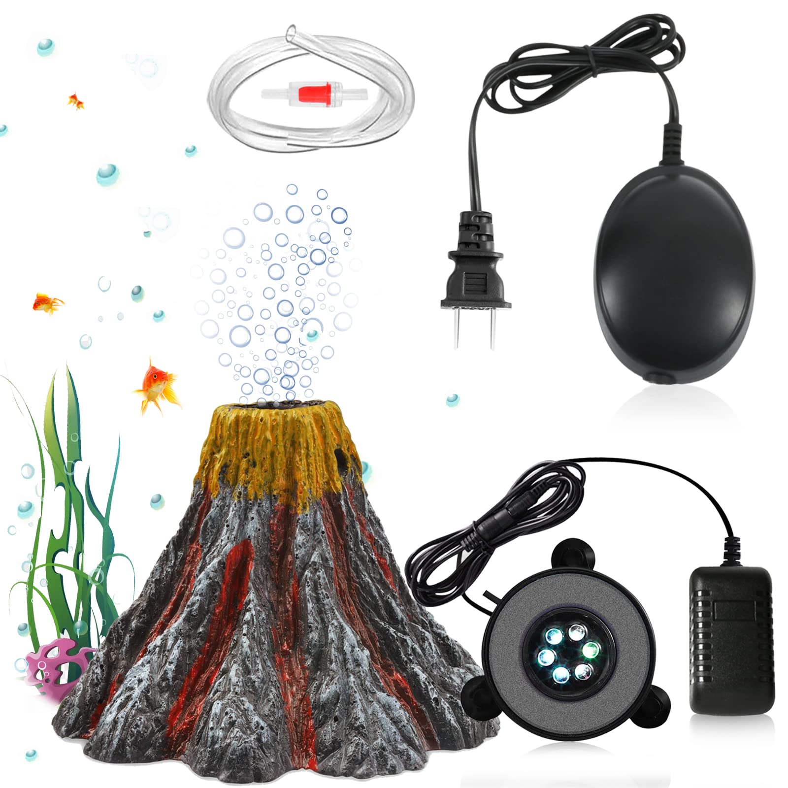 LED Aquarium Bubble Light with 6 Color Changing Lights - Fish Tank Bubbler & Oxygenation Device with Volcanic Stone Decor - Perfect for Freshwater/Saltwater Tanks, Home & Office Aquarium Decoration