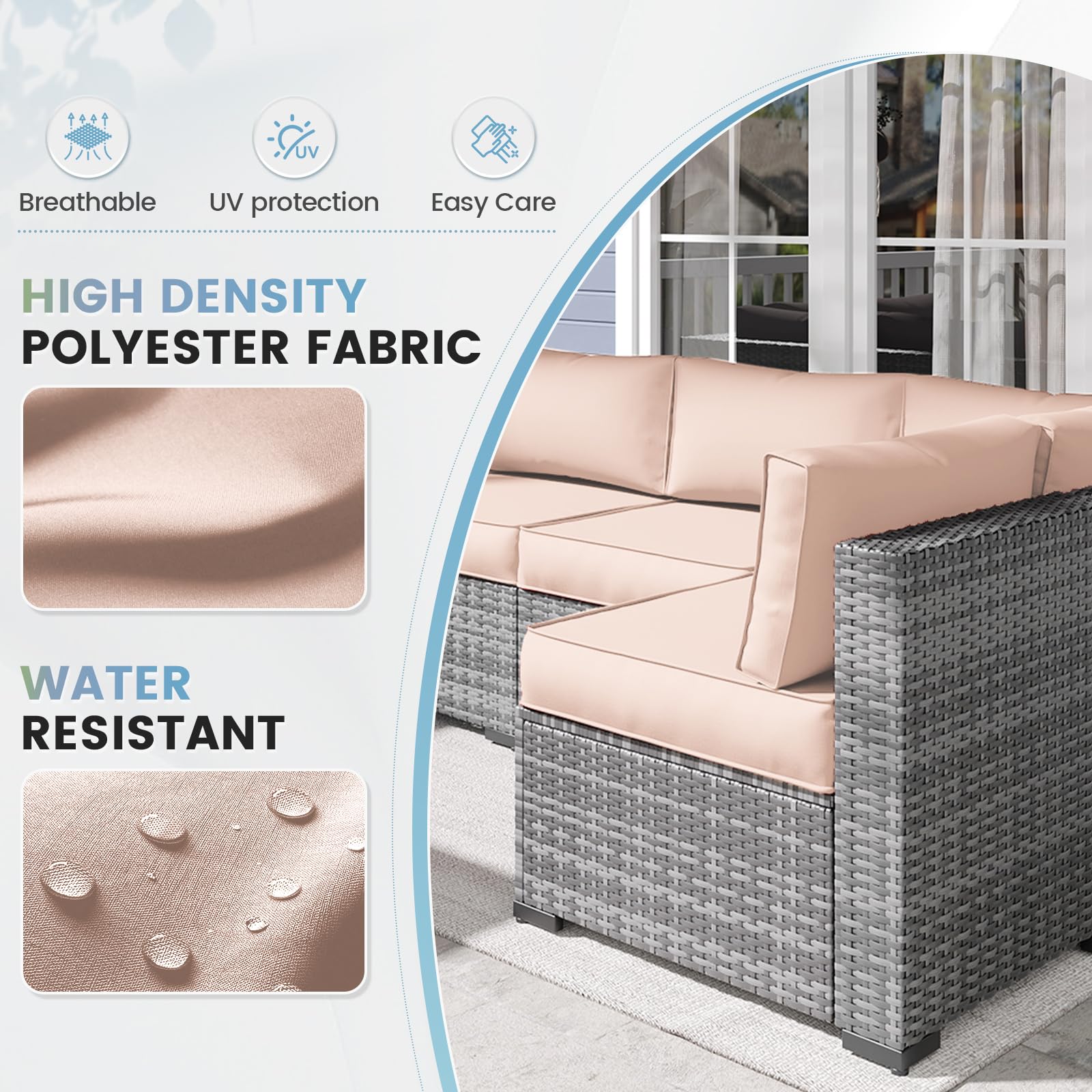 **UDPATIO Water-Resistant Outdoor Replacement Cushions for 6-Seat Sectional Patio Furniture – 14-Piece Beige Couch Cushions – Perfect for Backyard, Poolside & Garden Relaxation**