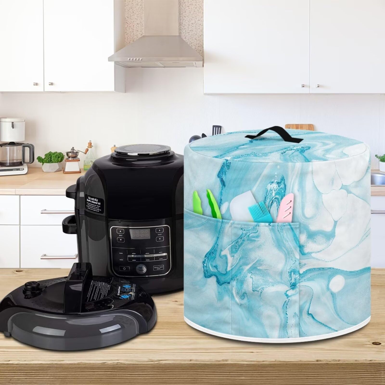 3 Quart Air Fryer Cover & Electric Pressure Cooker Dust-Proof Protector with Storage Pocket - Blue Marble Design | Kitchen Appliance Accessory for Home & RV Use