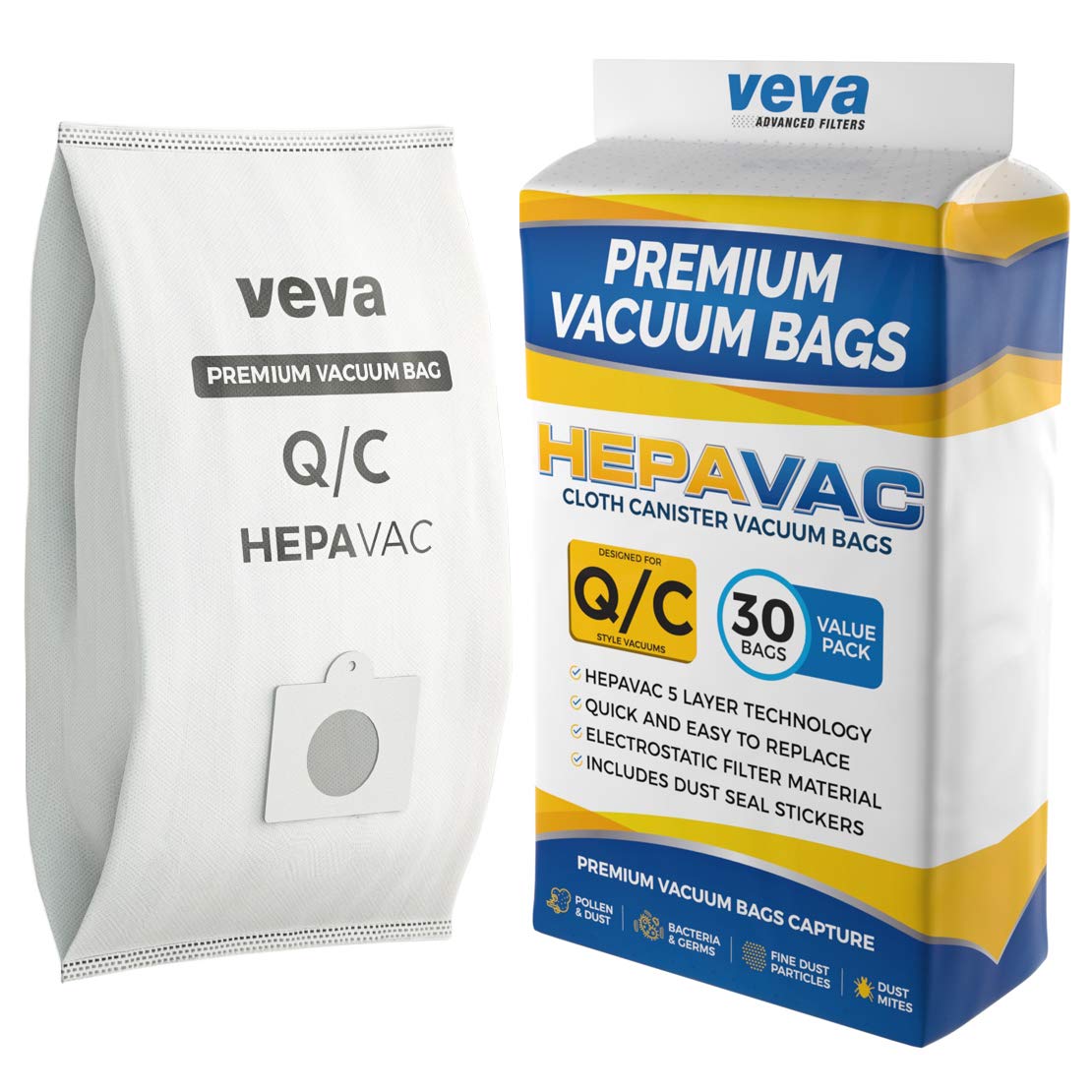 30 Pack VEVA Premium HEPA Vacuum Bags Type Q - Compatible with Kenmore Sears Canister Vacuum Cleaners (Models C, CQ, 5055, 50557, 50558, 53292, 53291) - High Efficiency Dust Filter Replacement for Allergy Relief & Home Cleaning