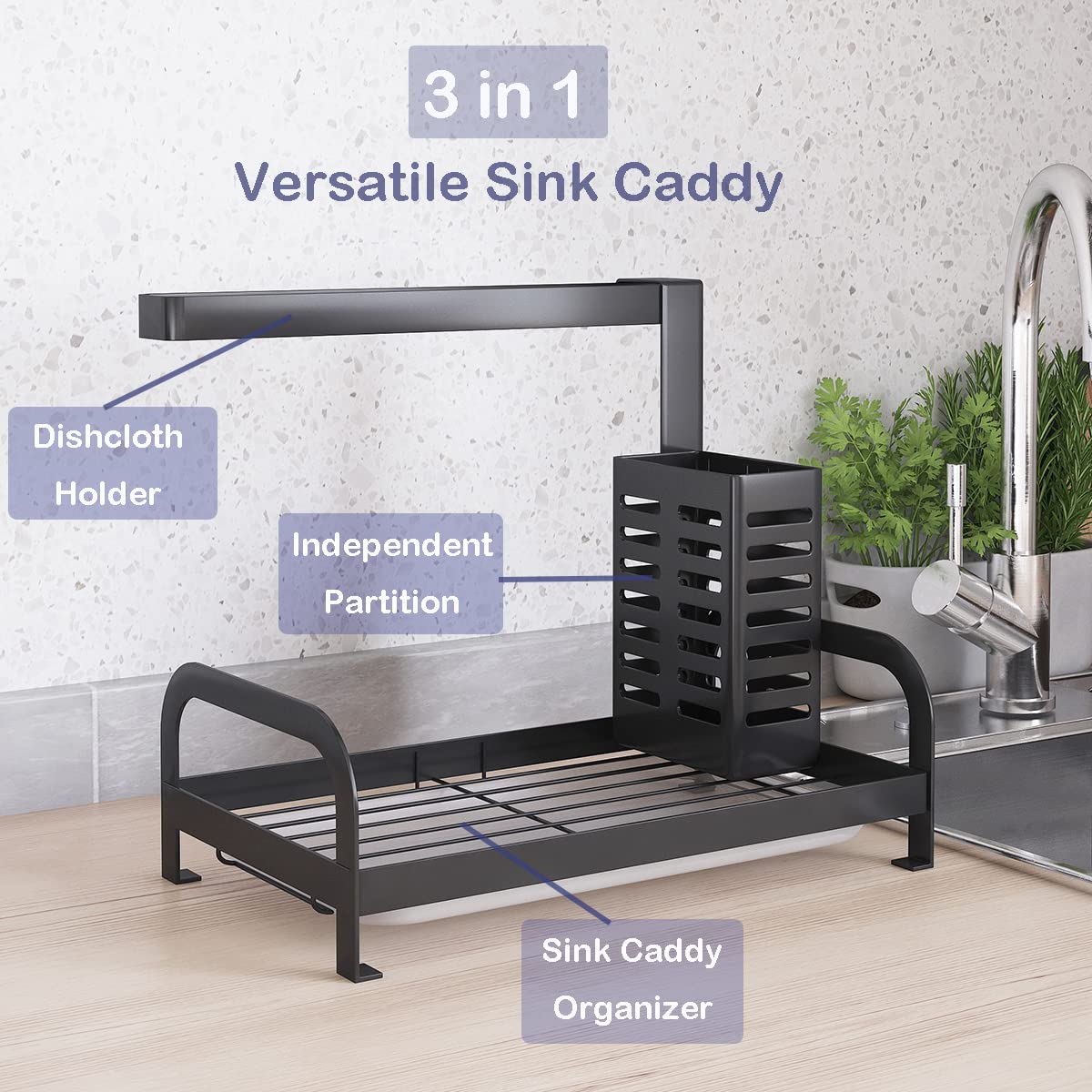 UMDONX Kitchen Sink Organizer - Dish Sponge Holder & Washing Up Caddy for Sink Organization - Black | Perfect for Kitchen Countertop, Dish Drying Rack & Sink Storage