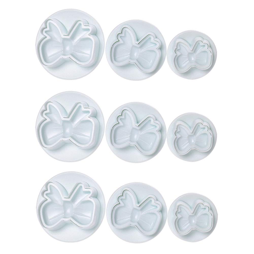 RAYNAG 3 Sets of Bowknot-Shaped Fondant Cutters - 9 Piece Plastic Plunger Cookie, Pie Crust & Clay Decorating Tools for Cake, Pastry & DIY Crafts - Perfect for Baking, Wedding, Birthday & Holiday Desserts