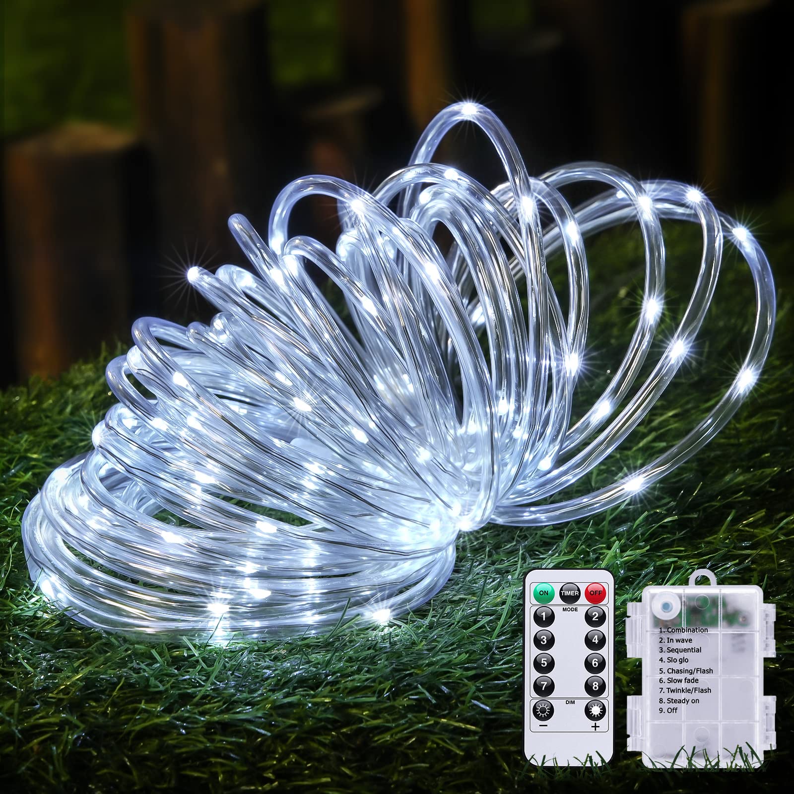 JMEXSUSS 100 LED Battery Operated Rope Lights - 33ft Outdoor Waterproof Christmas String Lights with Remote, 8 Lighting Modes - Perfect for Trampoline, Camping, Balcony, Canopy, Deck, Party & Holiday Decor (White)