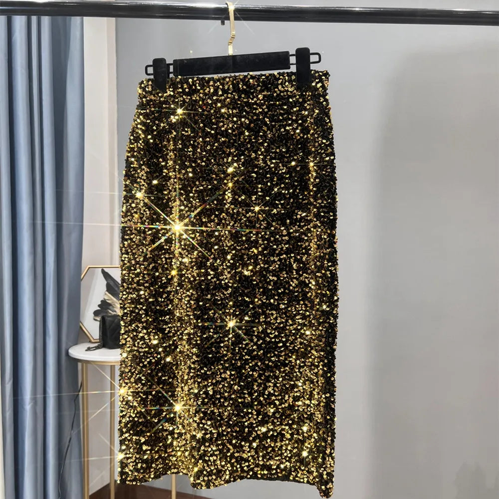 French High Waisted Slim Skirt for Women - Shiny Black Sequin Mid-Length Skirt with Side Split, Thickened Hip Design & All-Match Styling | Perfect for Parties, Date Nights & Evening Events