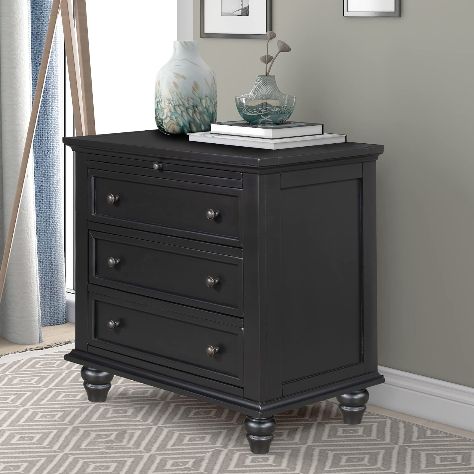 Black Wood 3-Drawer Dresser Nightstand with Pull-Out Tray - Fully Assembled Bedside Table, End Table for Bedroom & Living Room - Perfect for Storage, Organization & Home Decor