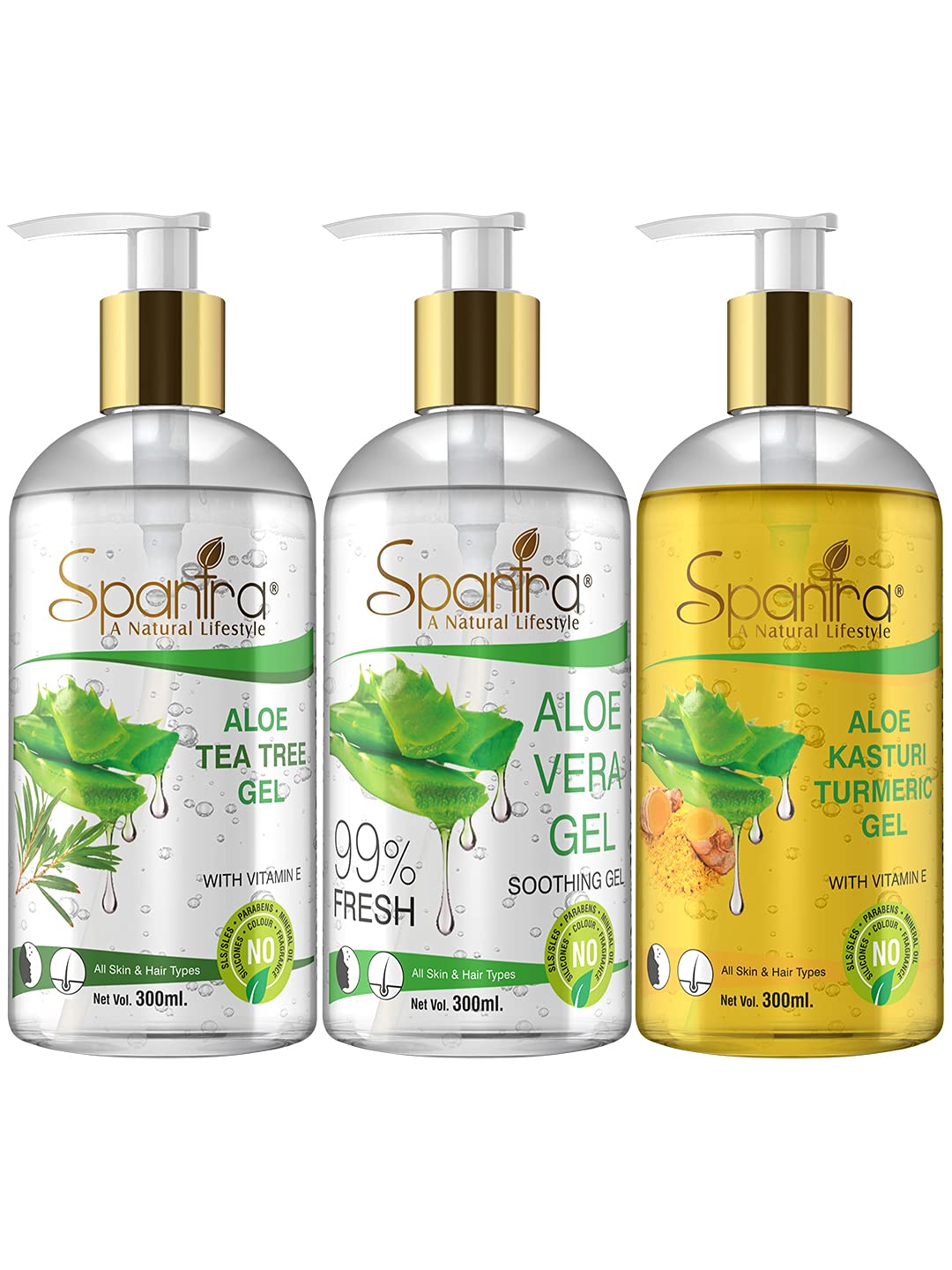 Pure Aloe Vera Gel for Face & Body - Tea Tree & Kasturi Turmeric Infused Skin Soothing Gel (300ml x 3 Pack) | Hydrating Moisturizer for Sunburn Relief, Acne Treatment & Hair Care | Natural Multipurpose Beauty Gel for Healthy Skin & Scalp