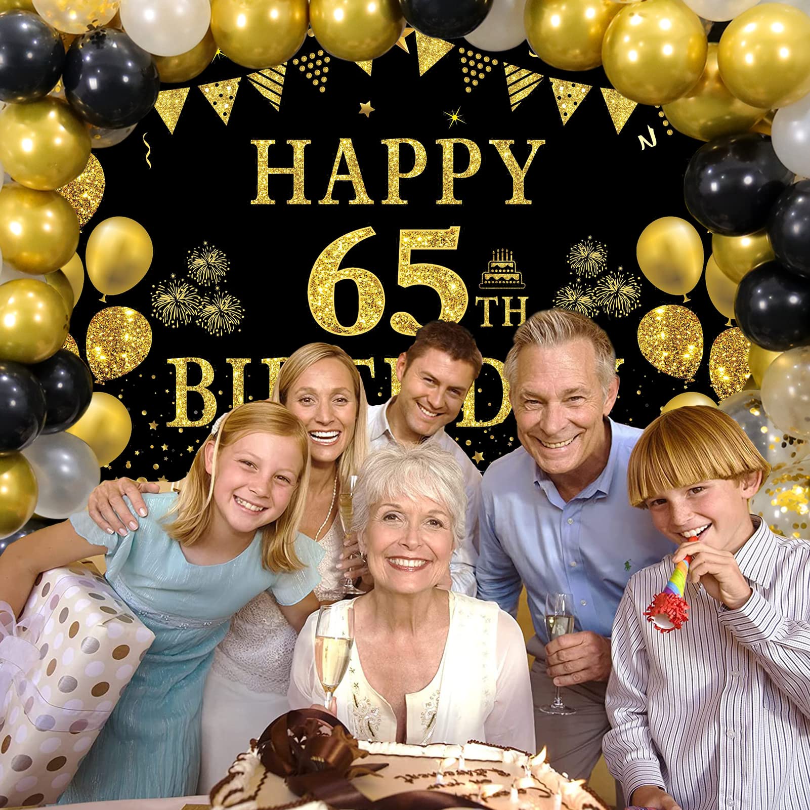Black & Gold Happy 65th Birthday Party Decorations Set - Backdrop Banner, Tablecloth & 60 Latex Confetti Balloons for Men & Women | 65th Birthday Party Supplies & Gift Ideas | Perfect for Milestone Celebrations, Retirement Parties & Anniversary Decor