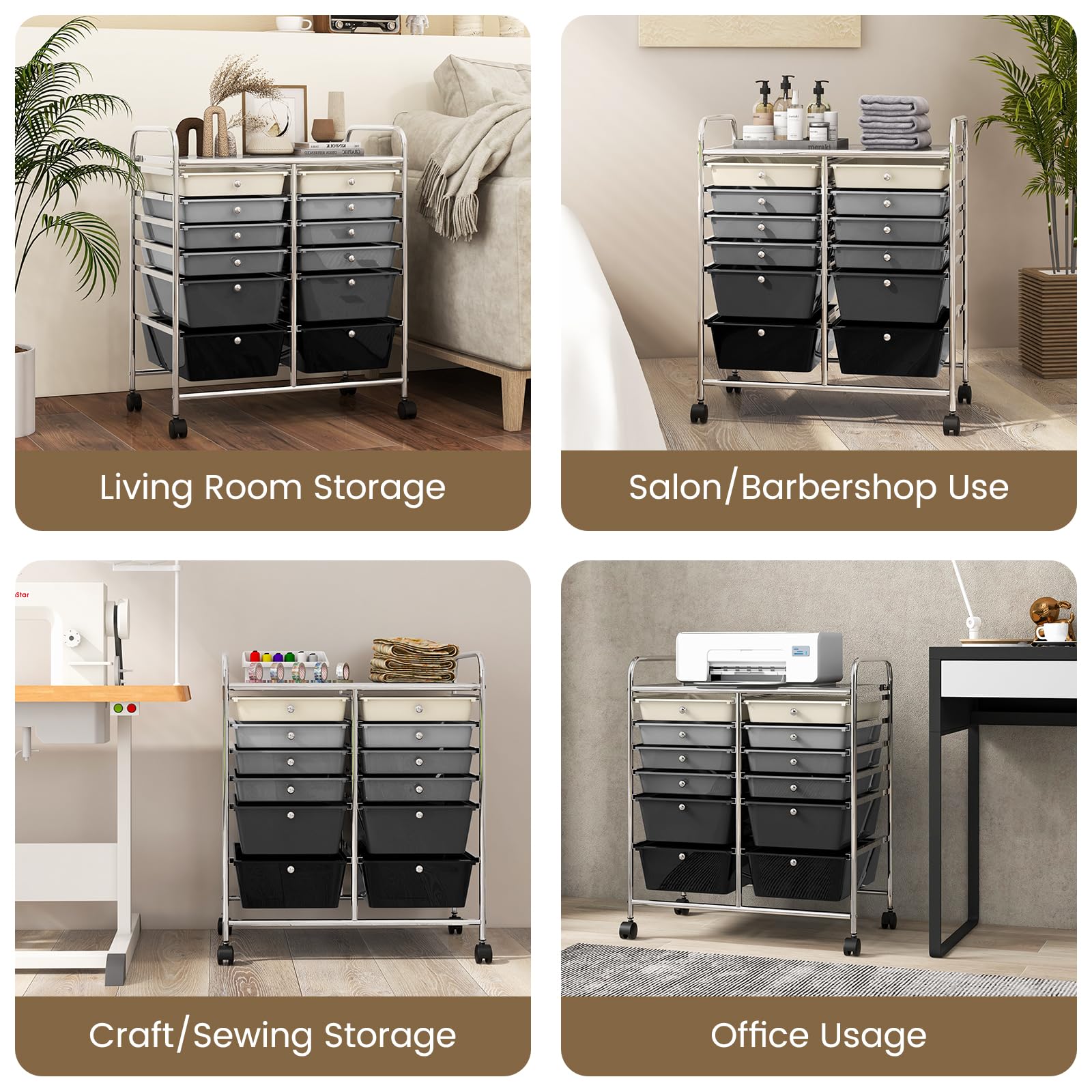 RELAX4LIFE 12-Drawer Rolling Craft Storage Cart with Wheels - Mobile Organizer for Art Supplies, Office, Beauty Salon & School Use - Space-Saving Gradient Black Utility Cart for Home, Studio & Classroom Organization