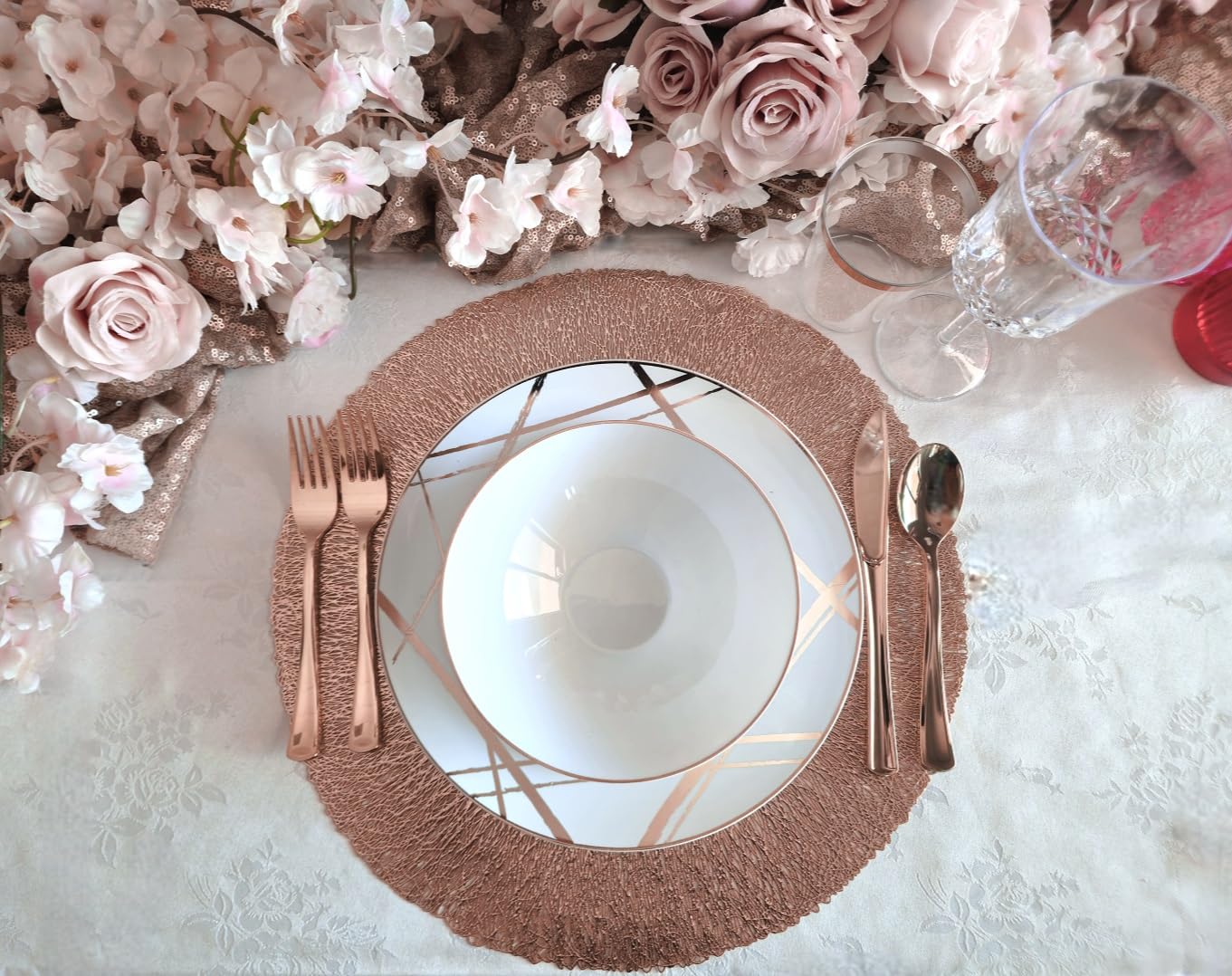 120-Piece Pressed Vinyl Metallic Placemats Set - Elegant Wedding & Event Table Decor in Reef & Rose Gold | Perfect for Dinner Parties, Bridal Showers, and Holiday Gatherings