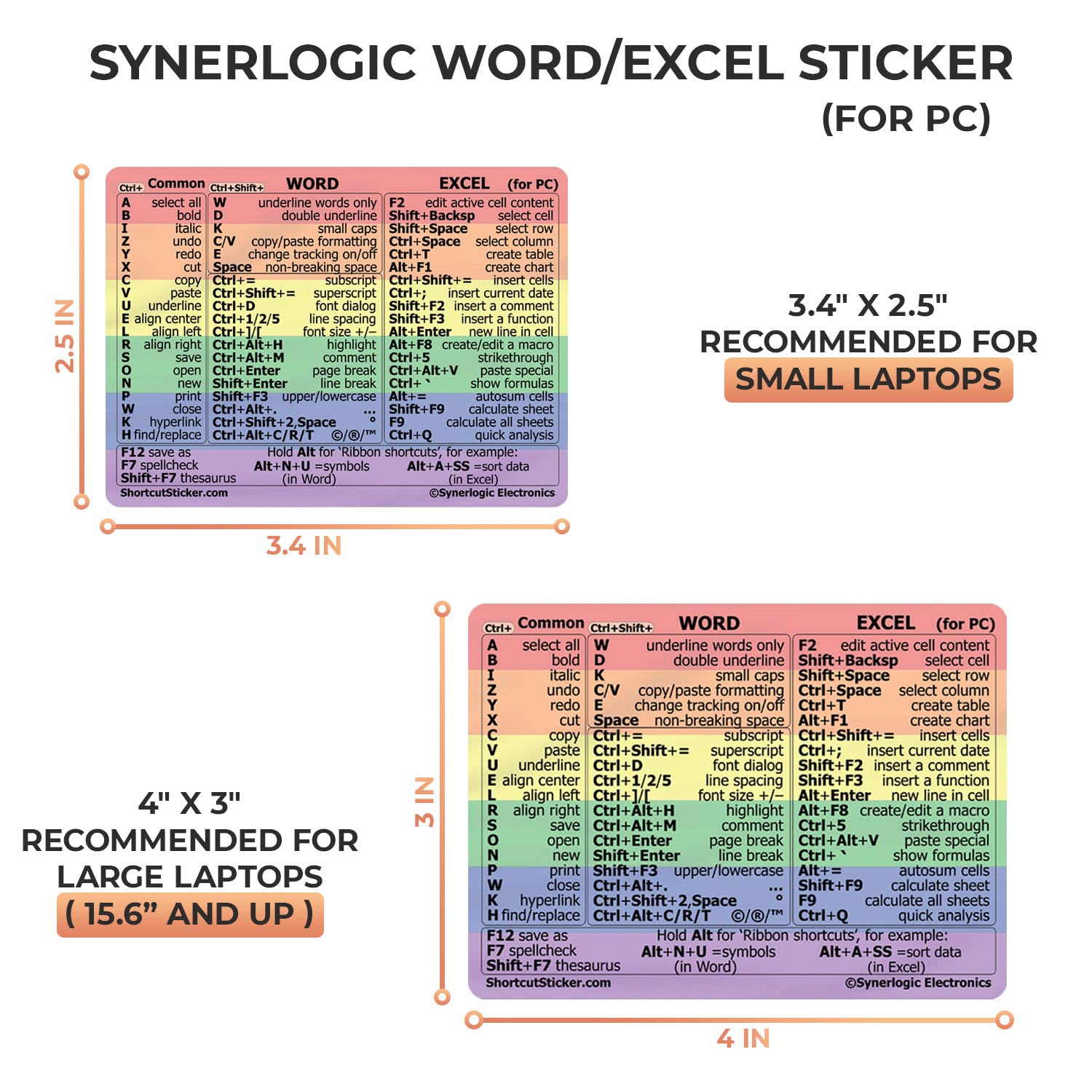 SYNERLOGIC Microsoft Word/Excel Keyboard Shortcut Sticker - Laminated, No-Residue Vinyl (Rainbow/Large) - Perfect for Office, Home, and Classroom Use