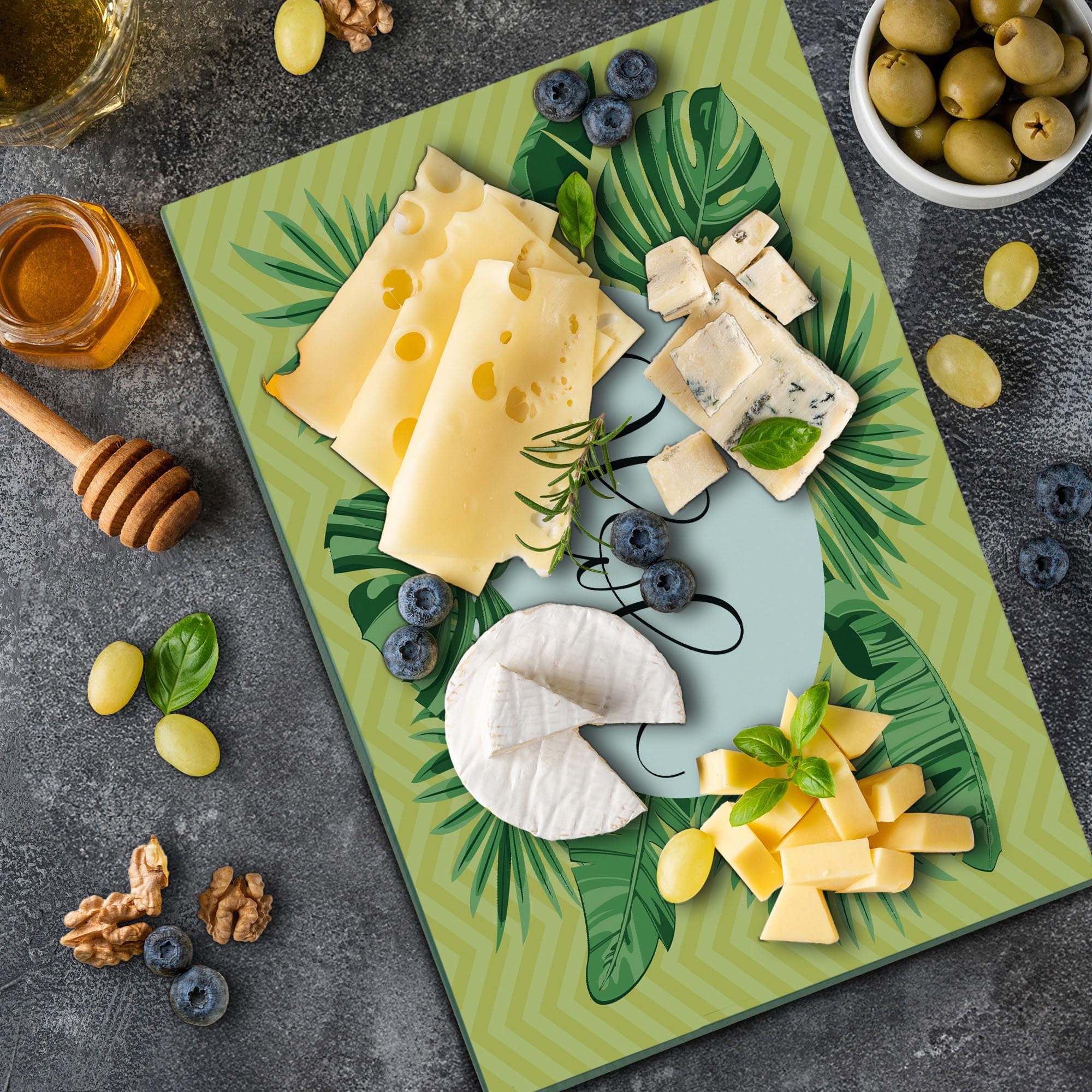 Ambesonne Aloha Tempered Glass Cutting Board - Exotic Monstera Leaf Jungle Pattern with Chevron Zigzags - Large Decorative Serving Board in Fern Green, Charcoal Grey & Pastel Brown - Perfect for Kitchen Prep, Charcuterie Displays & Tropical Themed Parties