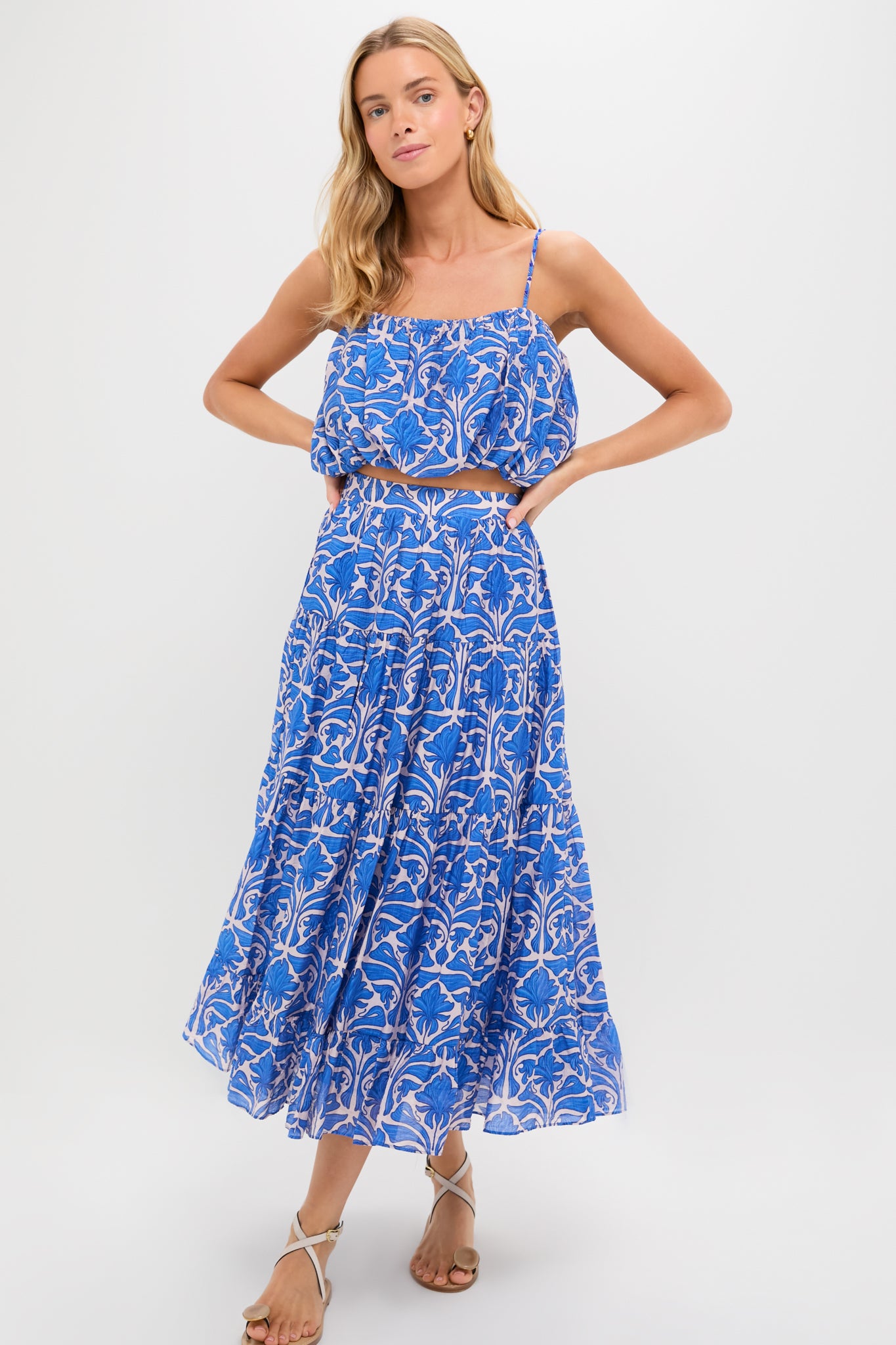 Blue Geometric Floral Azores Bubble Blouse - Women's Trendy Boho Chic Blouse for Casual Outings & Summer Vacations