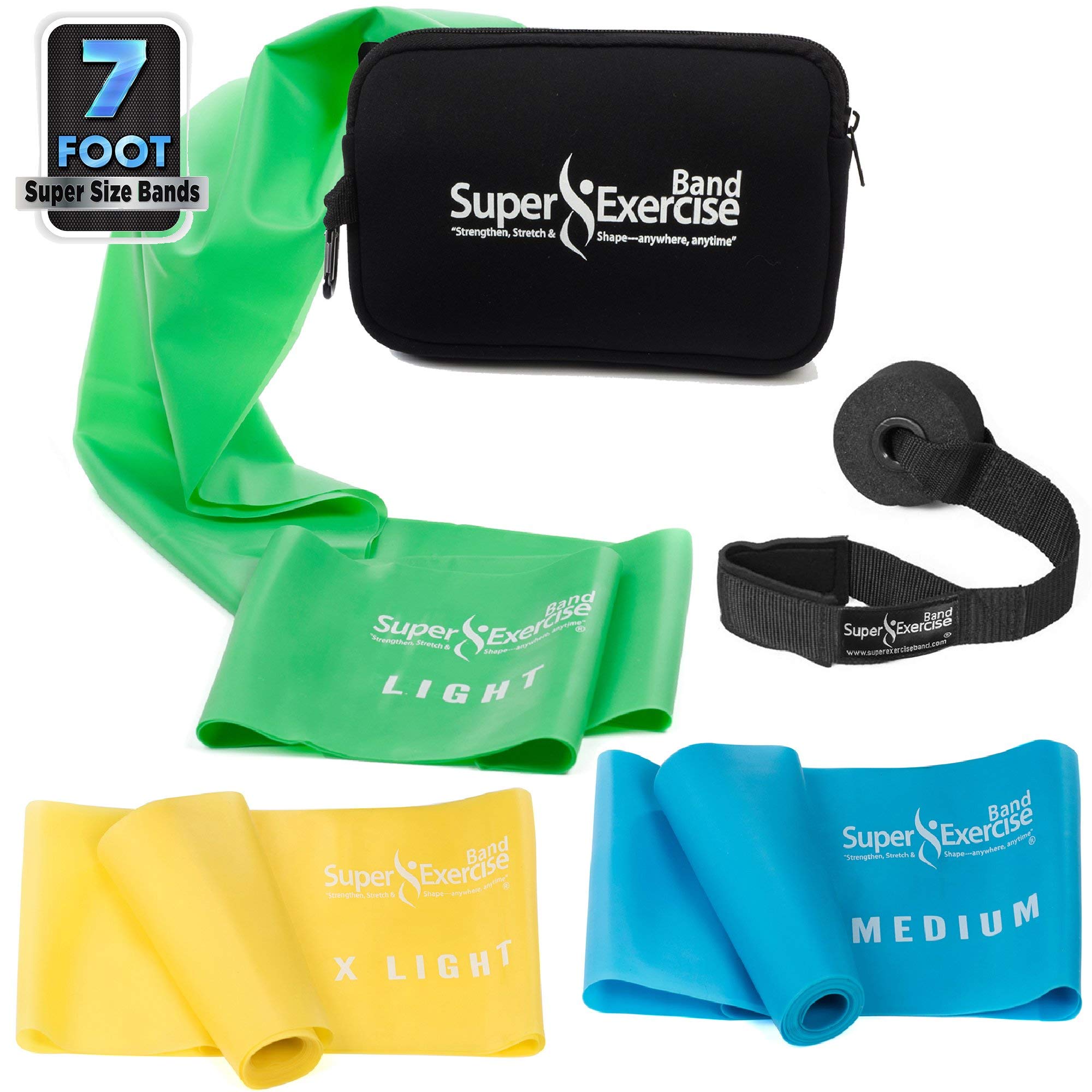 Premium 7 ft. Resistance Bands Set of 3 - Light/Medium/Heavy Strength for Home Gym, Physical Therapy & Yoga | Includes Free iPhone App, E-Book, Door Anchor & Storage Pouch | USA-Made Fitness Bands for Strength Training, Stretching & Rehabilitation