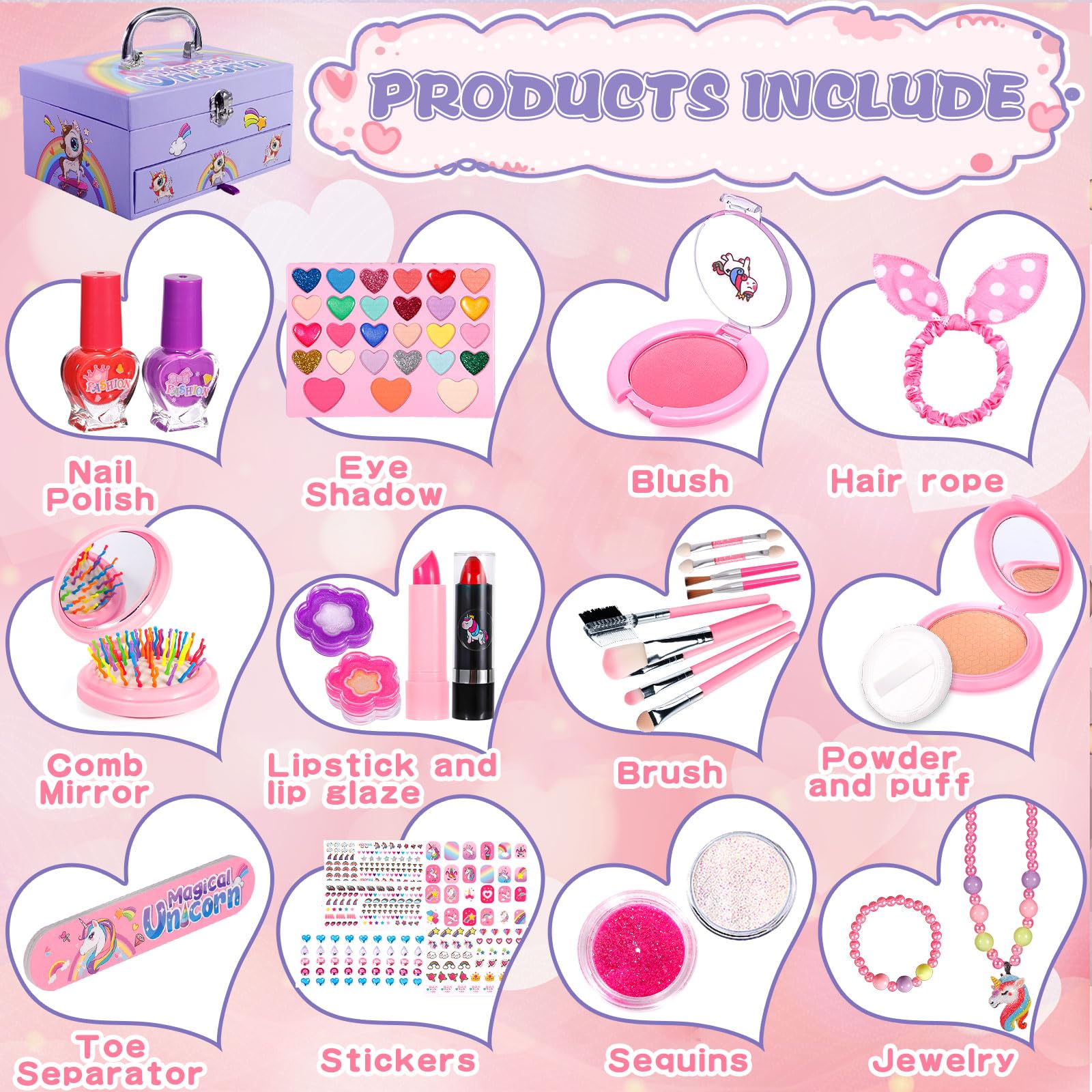 PurpleDi 59-Piece Washable Kids Makeup Kit - Princess Gift for Girls 3-10 Years, Birthday Toy & Playtime Fun