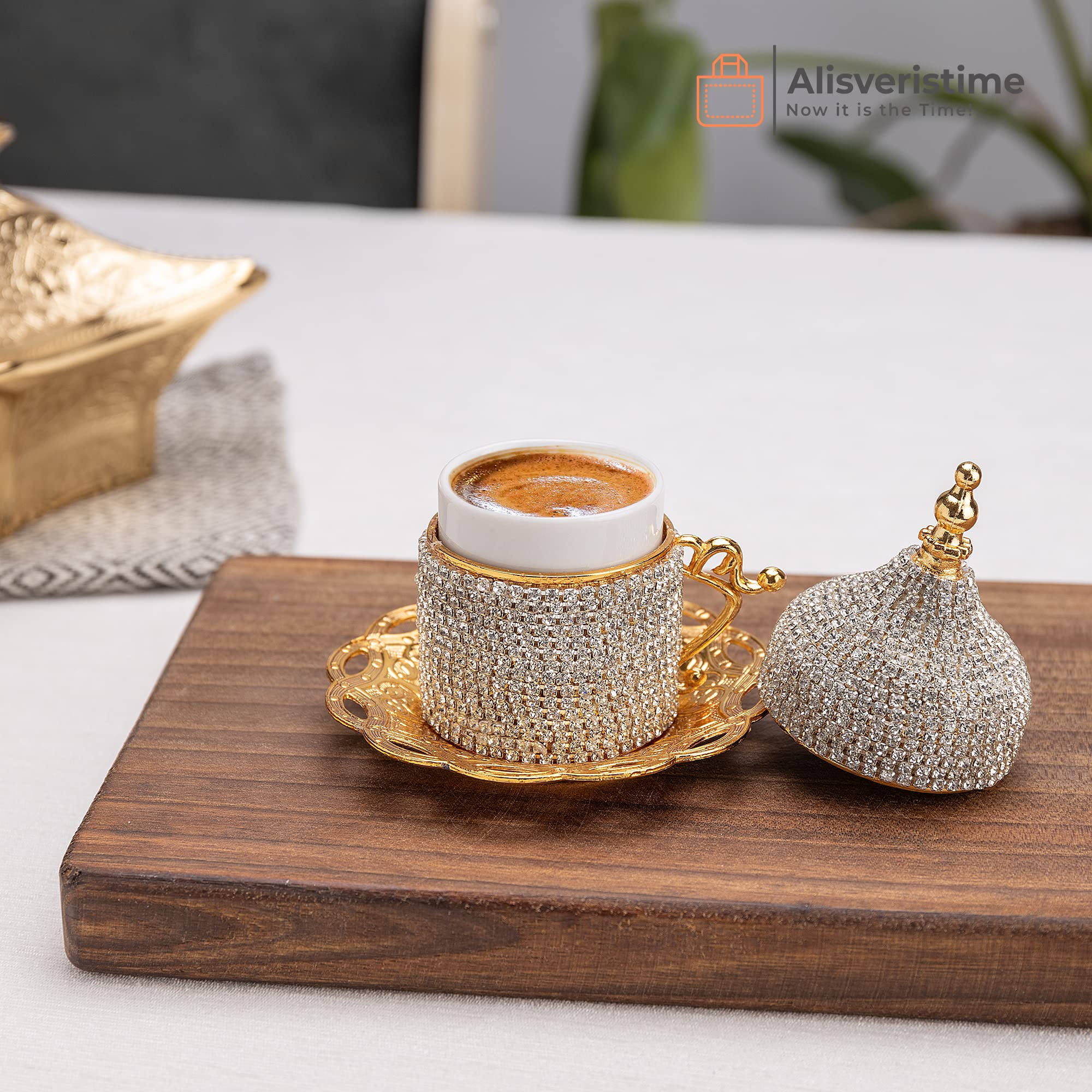 27-Piece Turkish Coffee Set with Crystal Embellishments – Gold Zamac Espresso Cups, Saucers & Sugar Bowl with Decorative Tray – Elegant Home Decor for Entertaining Guests, Afternoon Tea, or Gift Giving