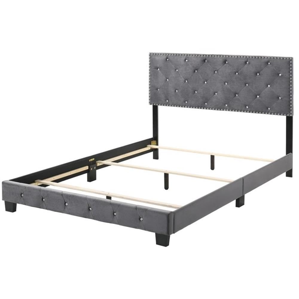 Glory Furniture Suffolk Velvet Upholstered Queen Bed Frame in Gray - Luxurious Bedroom Furniture for Master Suite & Guest Room