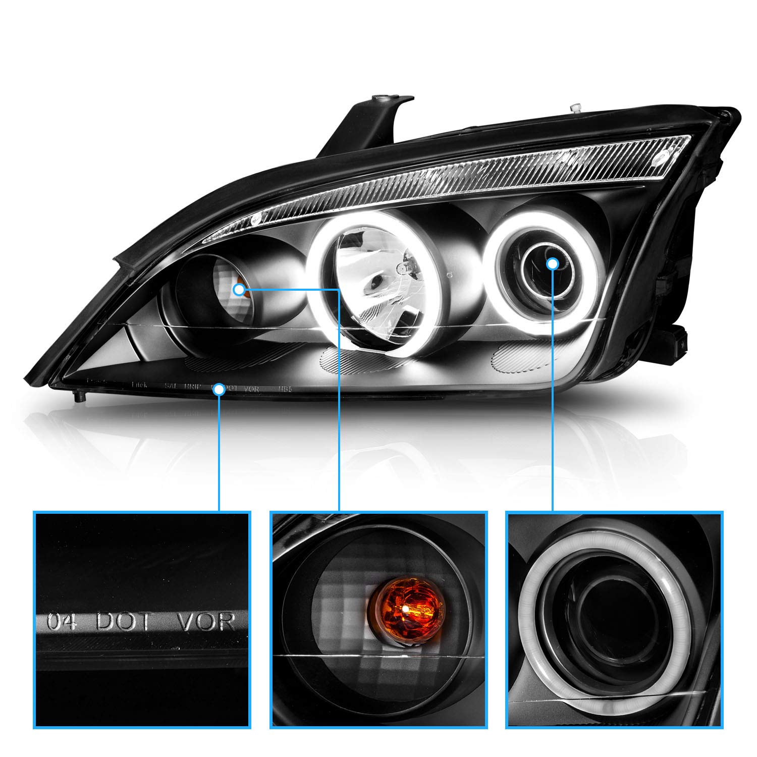 AmeriLite Xtreme LED Halo Projector Headlights - Black Housing for 2005-2007 Ford Focus ZX4 4-Door Sedan (Pair) | High-Intensity Lighting for Night Driving & Enhanced Style