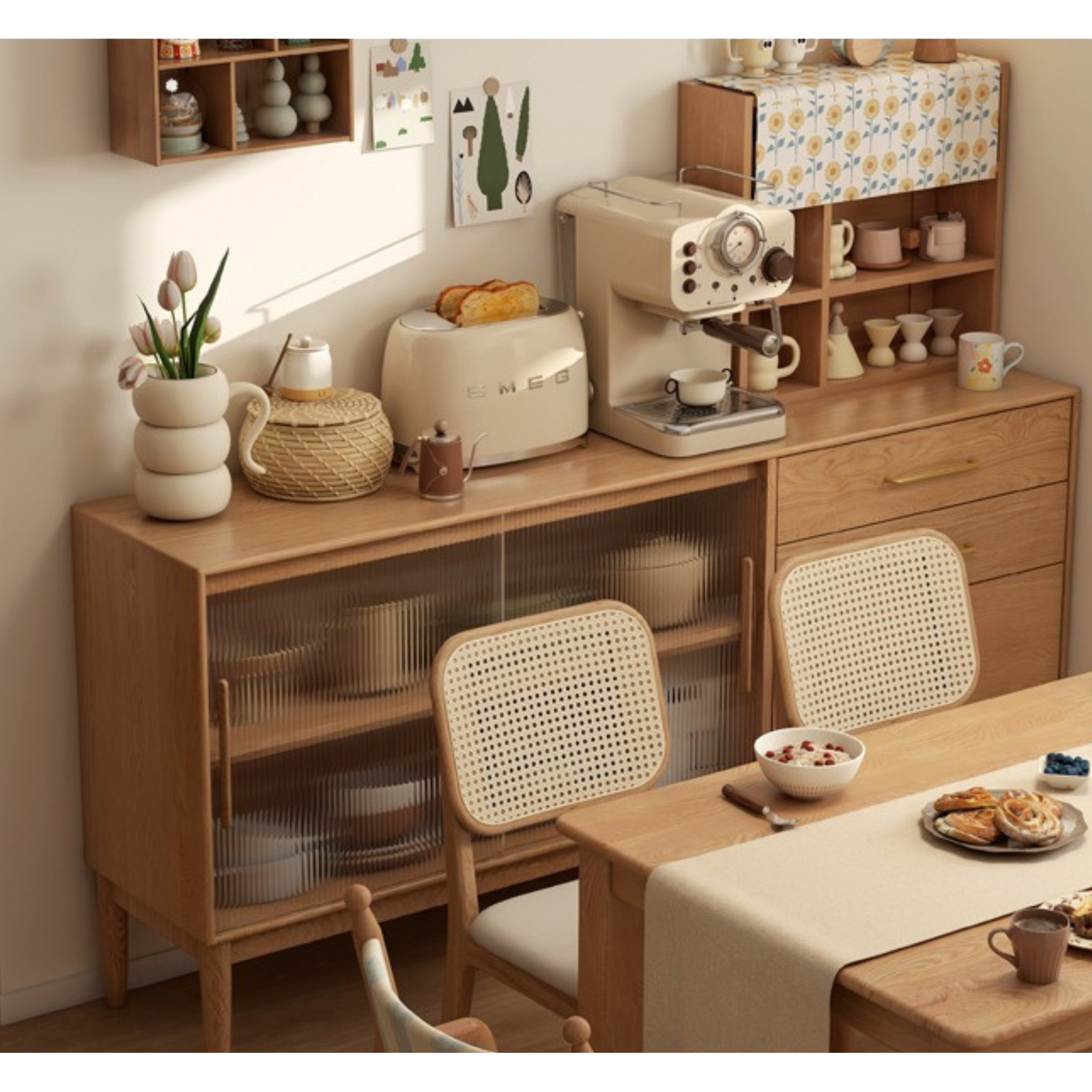 Solid Oak Wood Modern Multifunctional Sideboard - Buffet Cabinet for Dining Room, Living Room Storage & Entryway Organizer