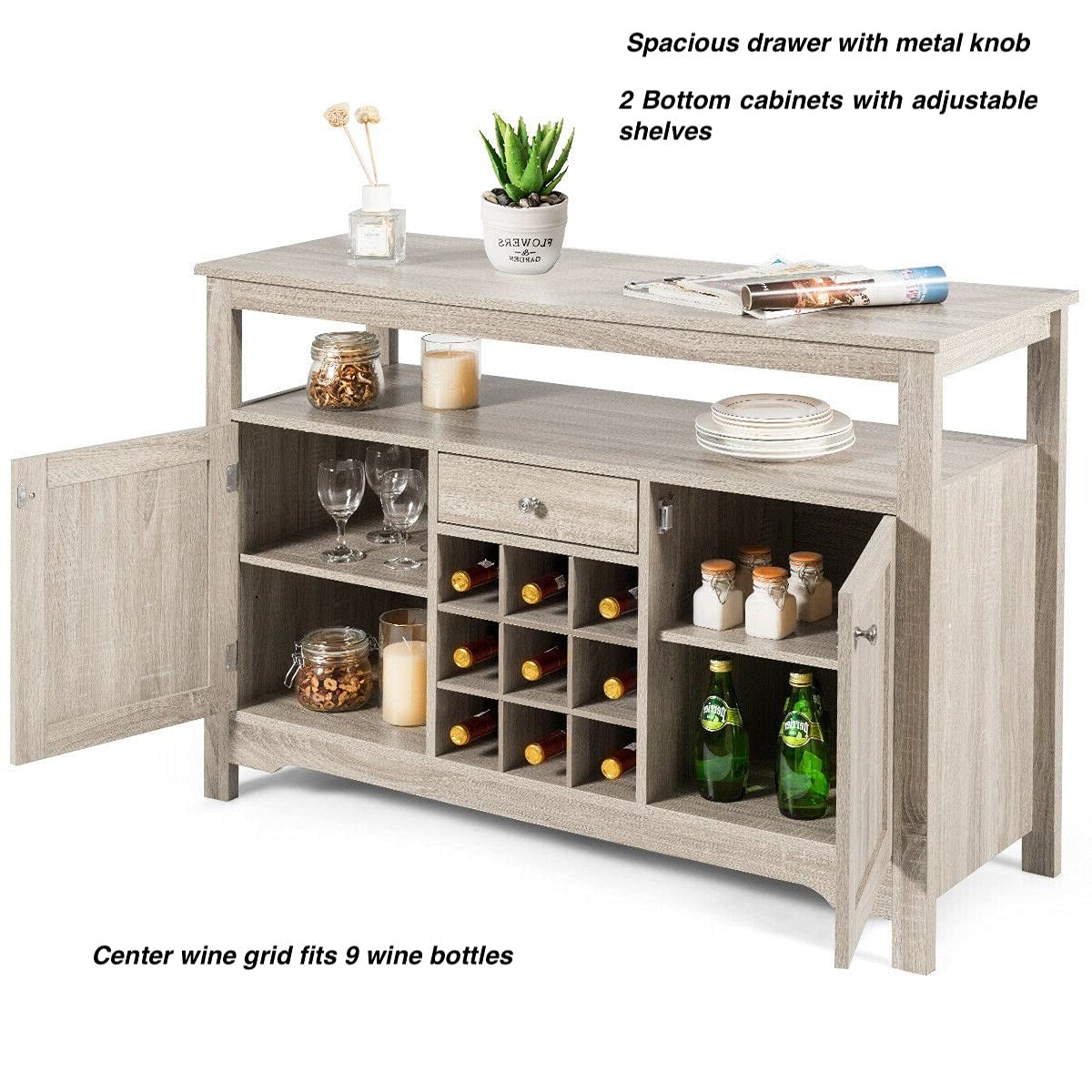 Grey Wooden Buffet Server Sideboard Console Table - 9 Wine Bottle Storage, 2 Cabinets & 1 Drawer - Kitchen Pantry Organizer for Dining Room, Living Room & Home Decor - Compact Open Shelf for Dishware, Utensils & Kitchenware Storage