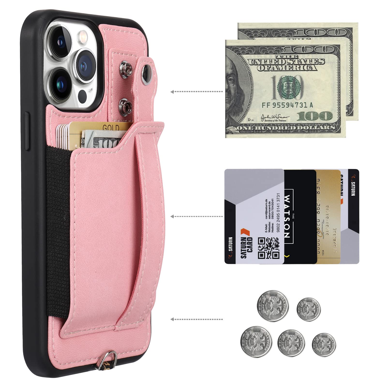 TOOVREN iPhone 13 Pro Max Case 6.7 Inch (2021) - Slim PU Leather Wallet Case with Card Holder & Kickstand | Compatible with iPhone 13 Pro Max | Perfect for Work, Travel and Everyday Use (Pink)