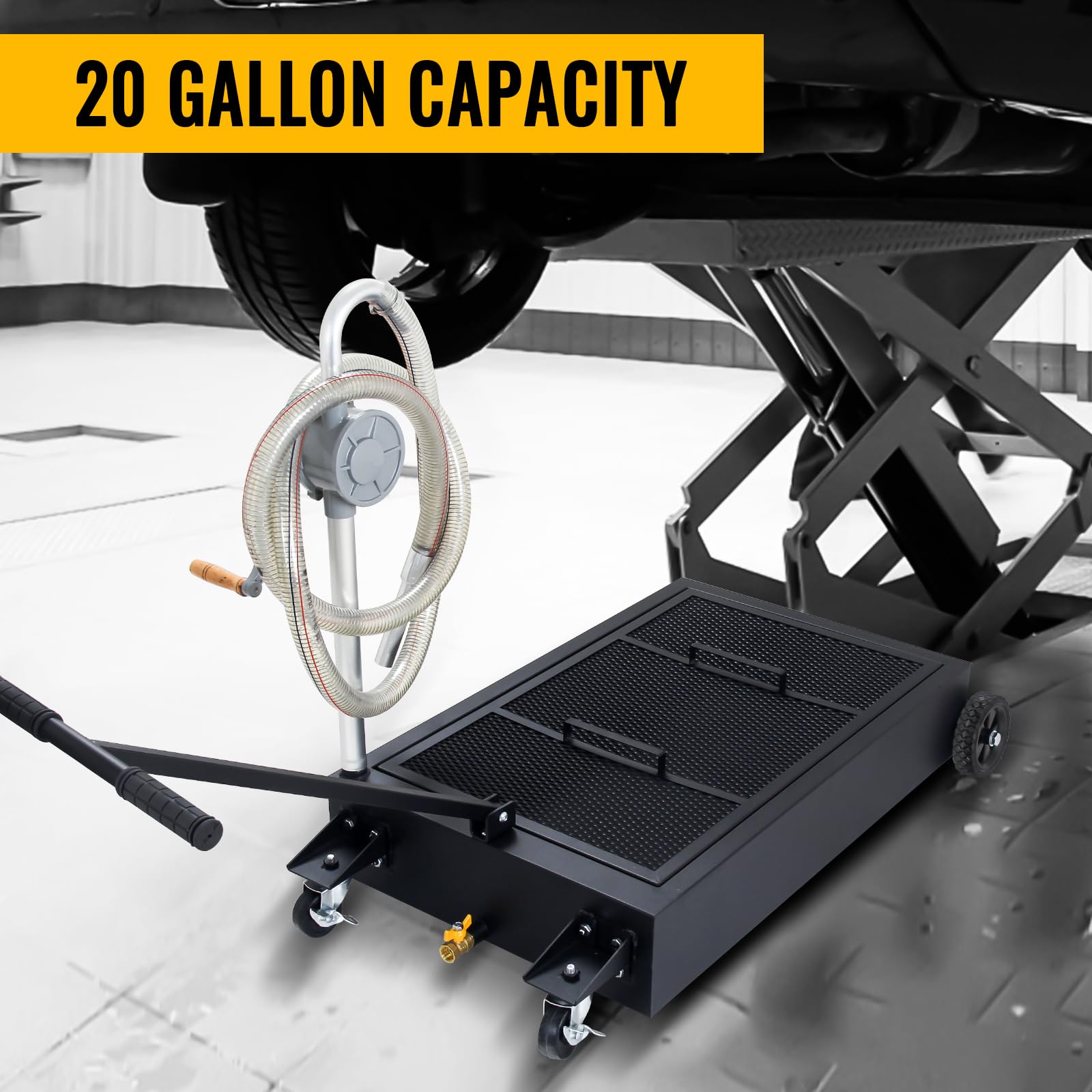 20 Gallon Low Profile Oil Drain Pan with Hand Pump, Hose & Swivel Casters - Heavy Duty Oil Change Tank for Cars, SUVs & Trucks - Foldable Handle for Easy Storage - Perfect for DIY Garage Maintenance & Professional Auto Repair Shops (Black)
