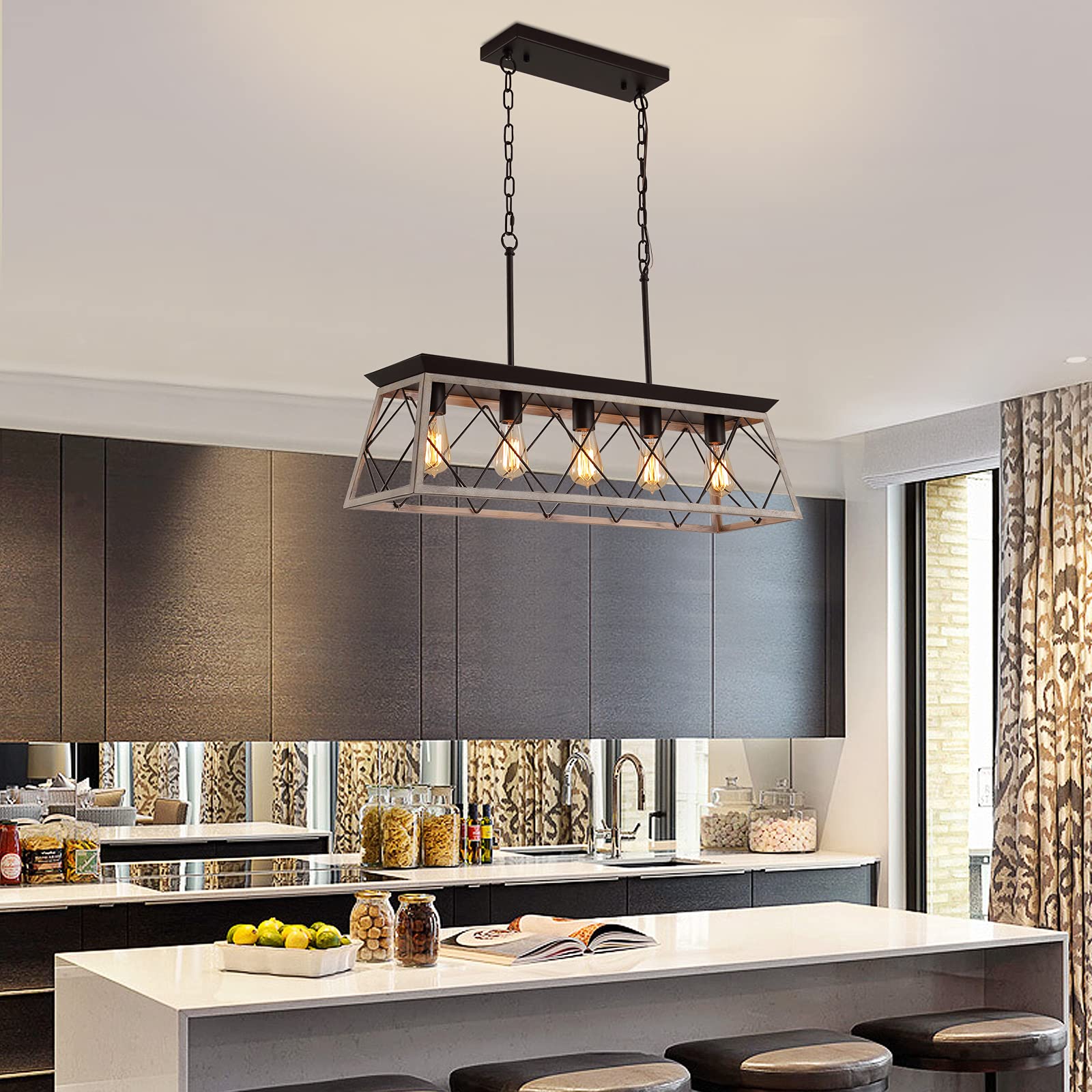 Q&S 5-Lights Rectangular Chandelier & 4-Lights Flush Mount - Rustic Farmhouse Dining Room Lighting Fixture for Kitchen Island, Hallway, Entryway & Foyer | Perfect for Modern Farmhouse Decor & Open Concept Spaces
