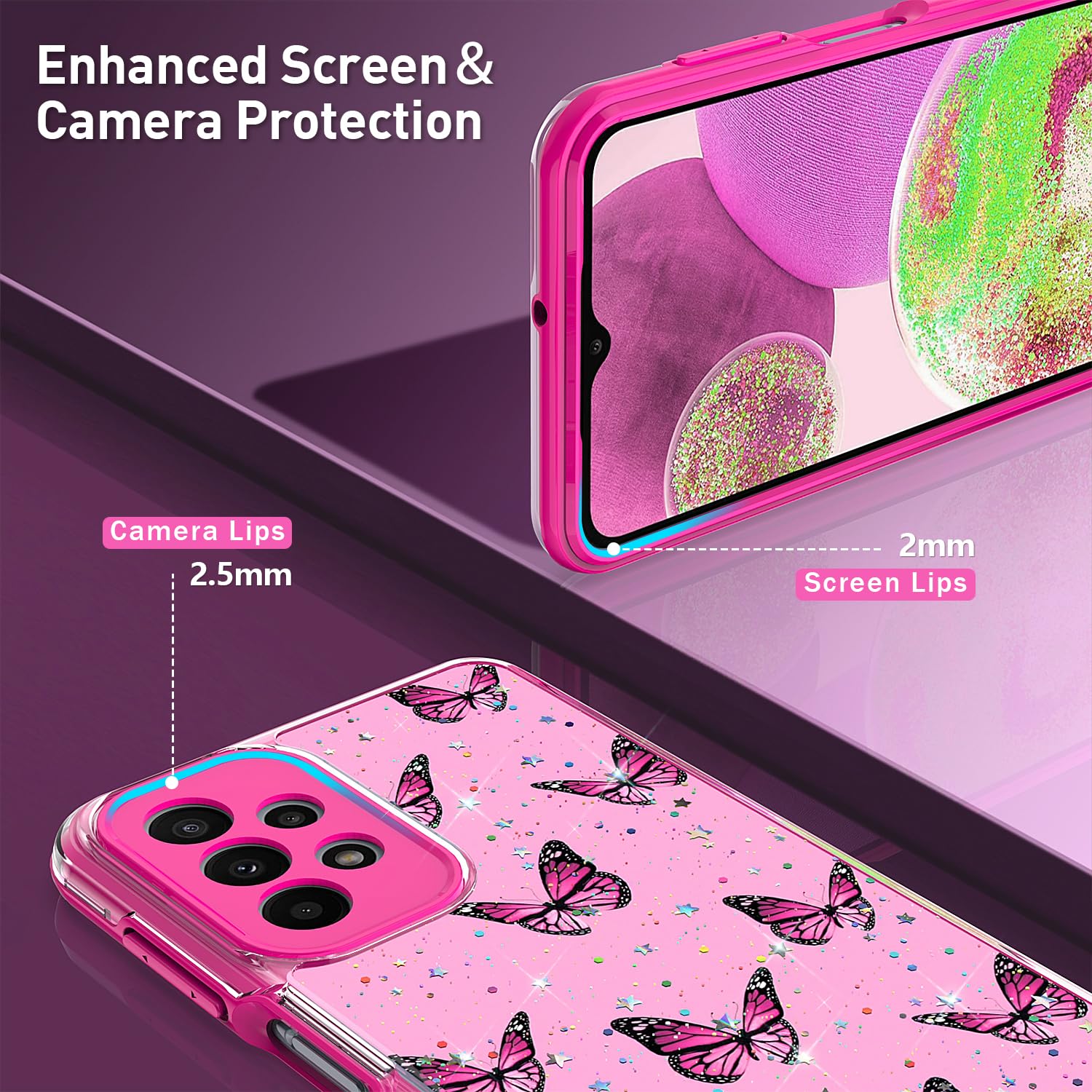Samsung Galaxy A23 5G Case with Screen Protector [2 Pack] - Cute Glitter Butterfly Design, Slim Soft TPU Shockproof Bumper & Hard Back Cover for Women & Girls (Pink) - Perfect for Everyday Use, School, Work, and Travel Protection