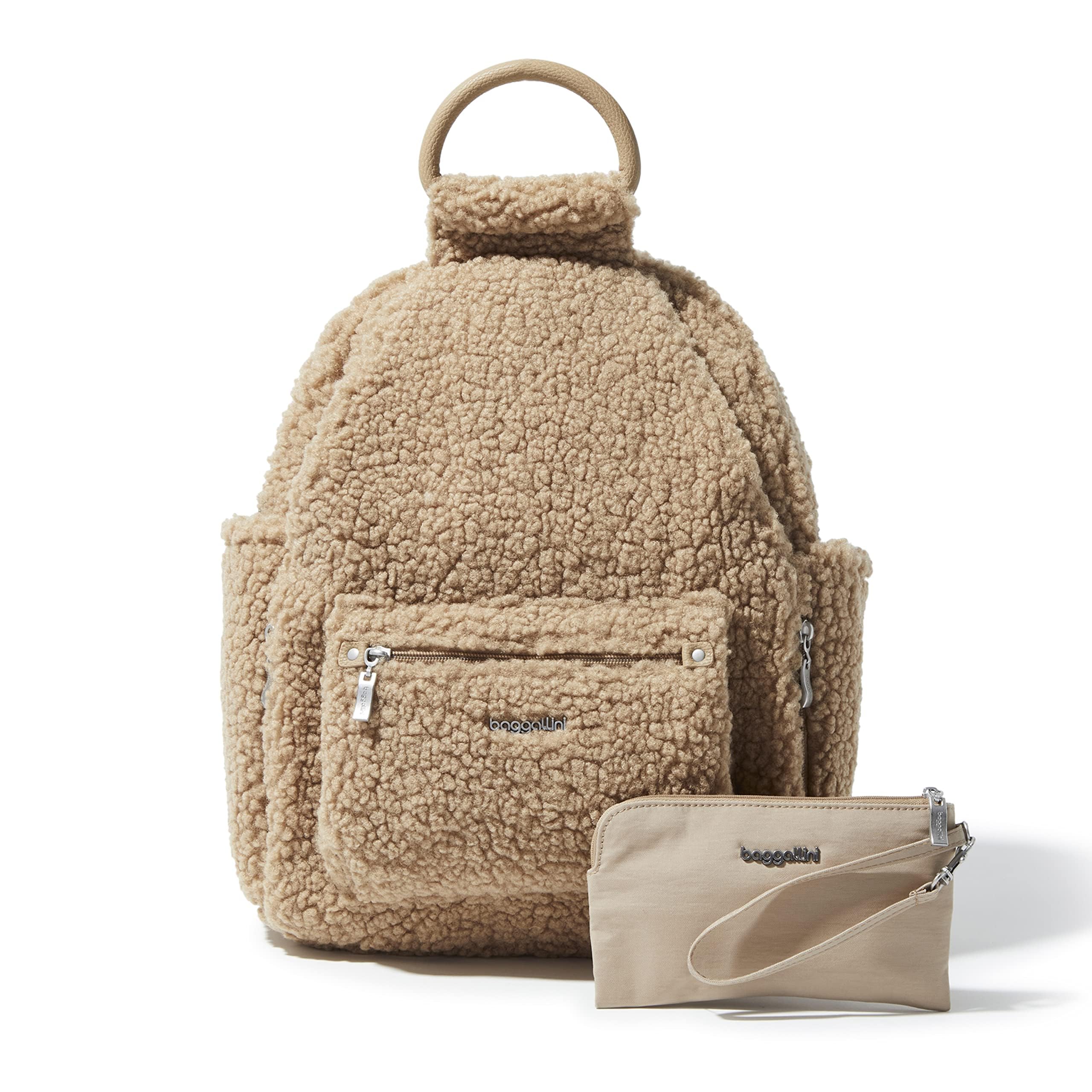 Baggallini Women's RFID Anti-Theft Backpack with Phone Wristlet - Lightweight Travel Backpack for Work, School & Commuting - Taupe Faux Shearling Daypack for Laptops & Essentials
