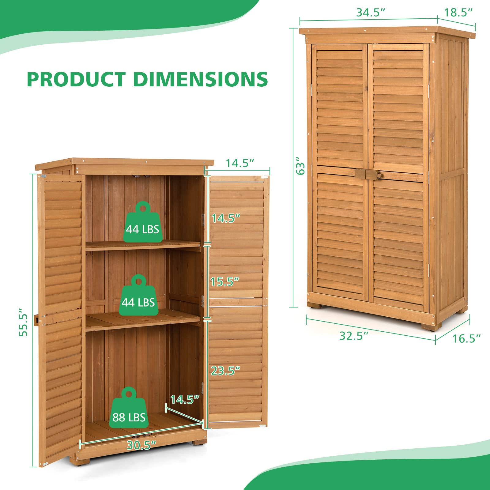 GOFLAME 63 Inch Outdoor Storage Cabinet with 3 Removable Shelves - Waterproof Wooden Garden Shed, Adjustable Footpads & Latch - Vertical Tool Storage for Porch, Deck, Backyard, Patio (Great for Storing Gardening Tools, Outdoor Equipment & Seasonal Items)