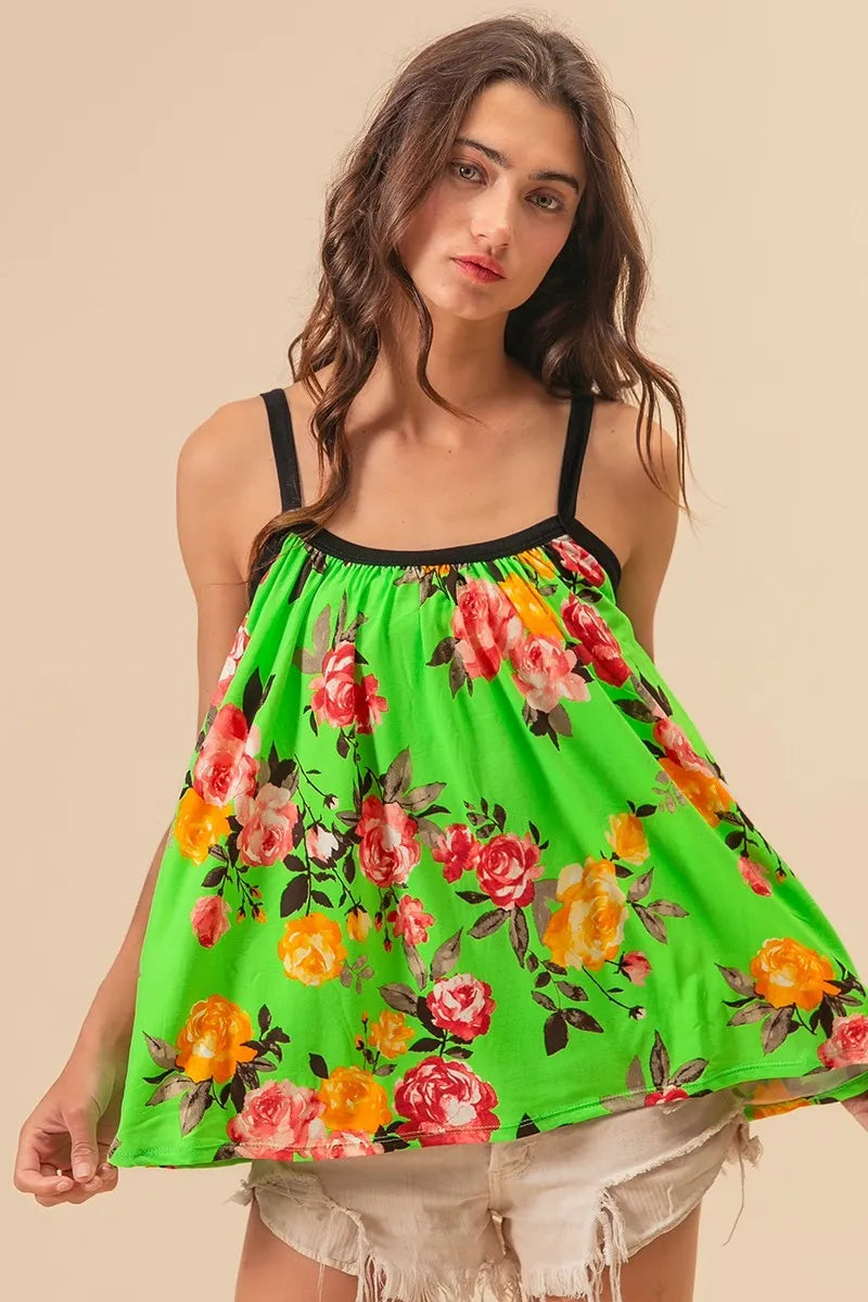 BiBi Floral Print Jersey Knit Gathering Cami Top - Women's Summer Casual Blouse for Beach, Vacation & Date Night Outfits