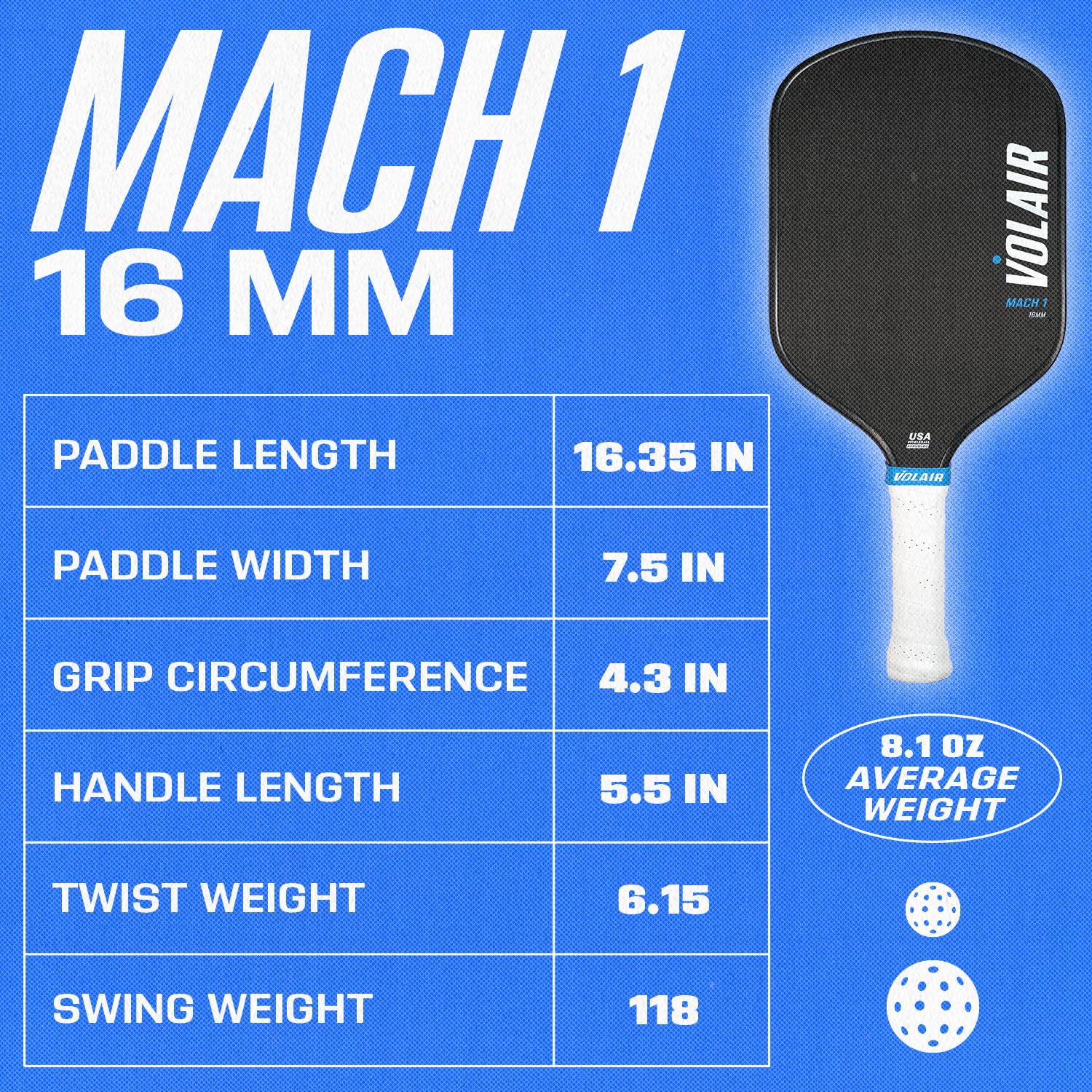 Volair Mach 1 Pickleball Paddle - USAPA Approved Carbon Fiber Paddle with T700 Toray Surface & Polypropylene Honeycomb Core for Maximum Spin, Control and Power - Perfect for Competitive Play and Recreational Pickleball Games