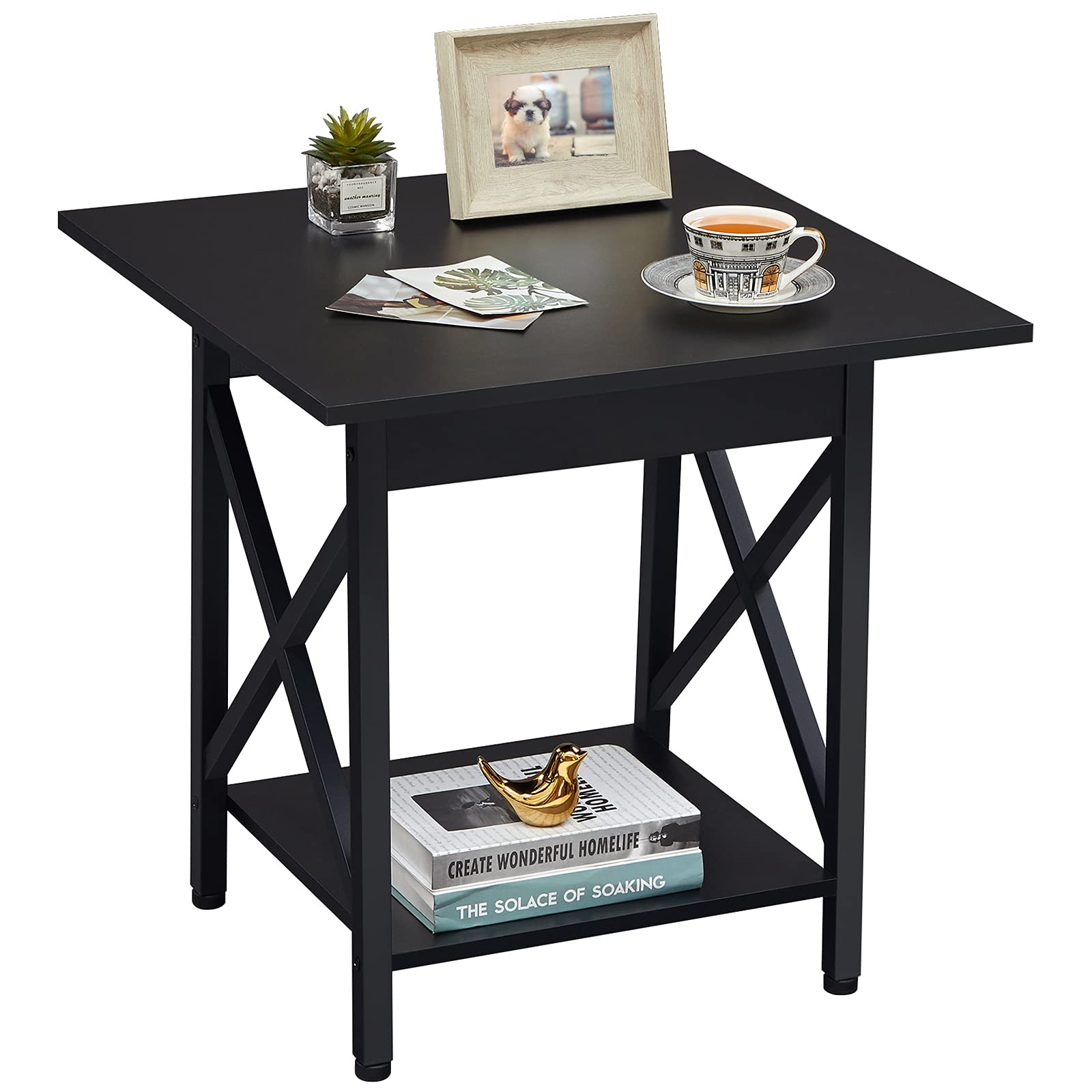 GreenForest 24 Inch Large End Table with Storage Shelf - Farmhouse Industrial Design Nightstand for Living Room, Bedroom & Office - Easy Assembly, Black - Perfect for Small Spaces & Home Decor