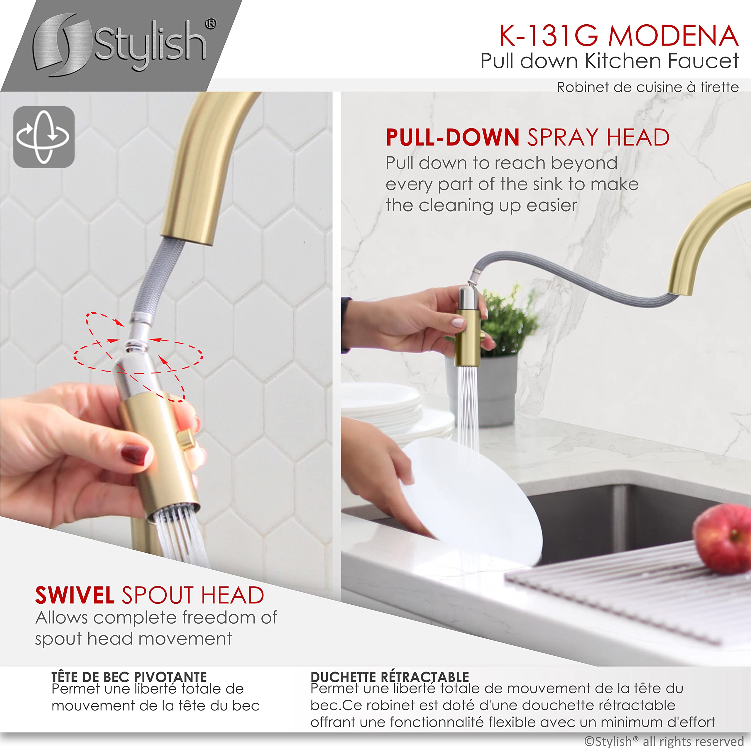 Premium Stainless Steel Kitchen Faucet with Pull Down Sprayer - Single Handle High Arc Spout Mixer, Dual Function Sprayer, Ceramic Cartridge & Aerator - Brushed Gold Finish (Model K-131G) - Perfect for Modern Kitchens, Restaurant Prep Areas & Home Renovations