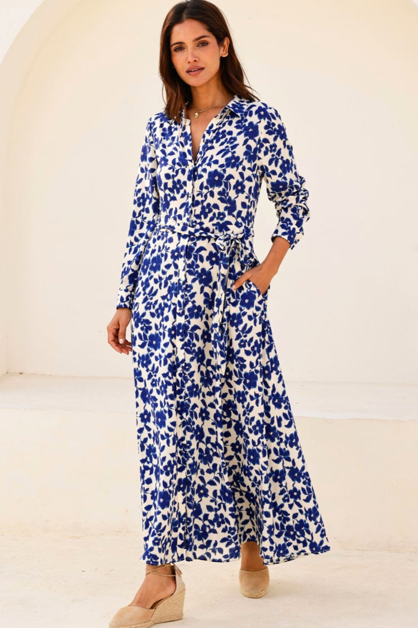Eliza EcoVero™ Shirt Dress for Women - Blossom Cream & Navy Blue | Sustainable Viscose Blend | Casual Office Wear & Spring Outfits