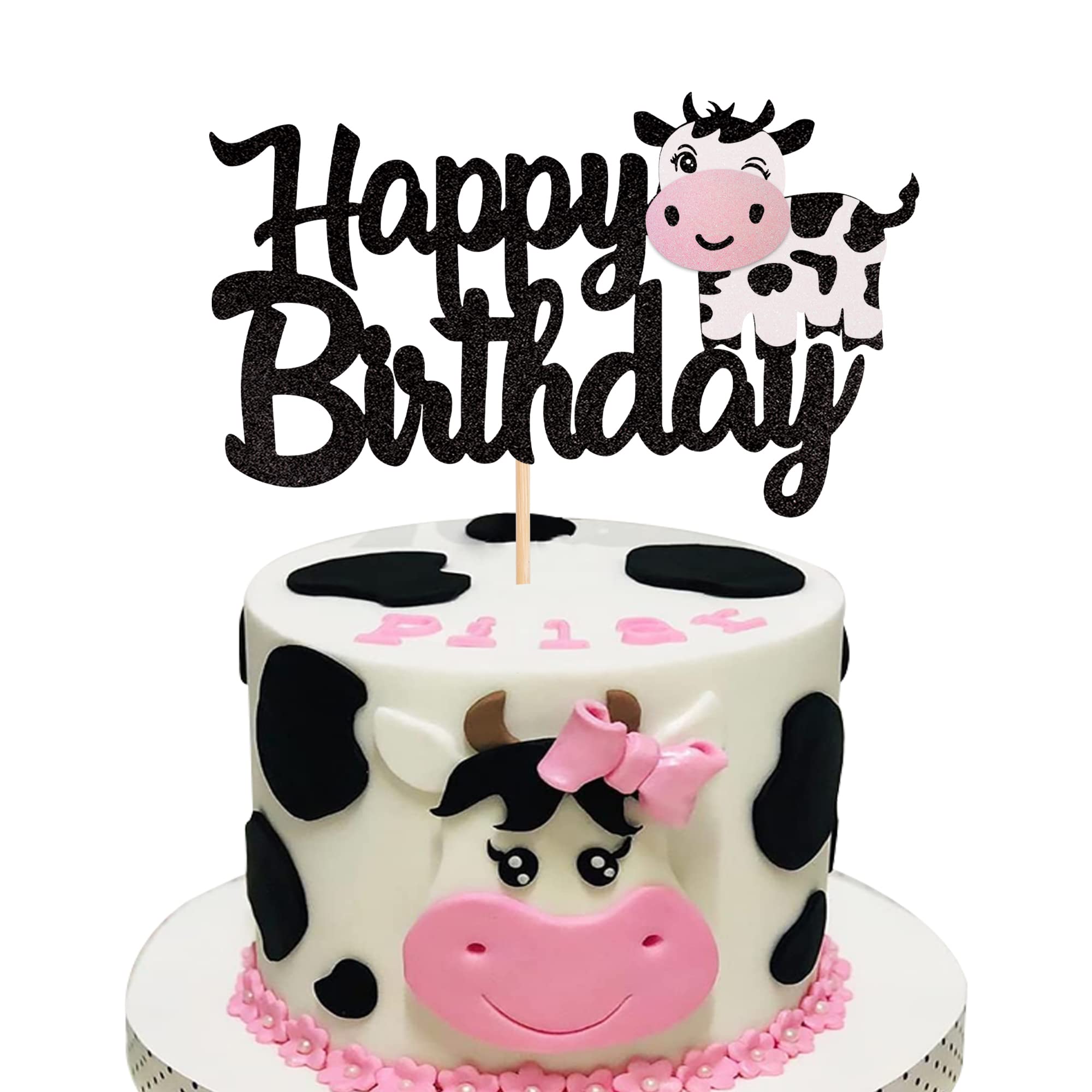 1 PCS Cow Happy Birthday Cake Topper - Glitter Farm Animal Cake Decor for Cow Theme Baby Shower, Kids 1st Birthday Party - Perfect for Boys & Girls Birthday Cakes, Cupcakes and Dessert Table Decorations