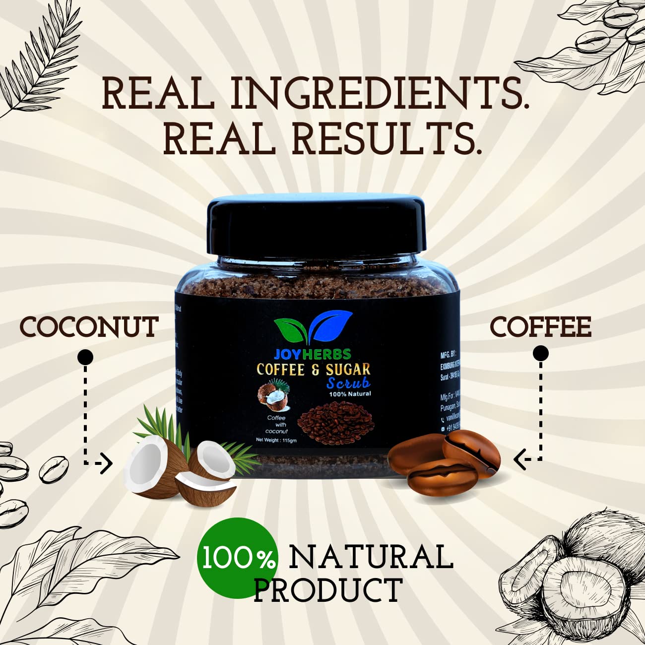 JOYHERBS Exfoliating Coffee & Sugar Body Scrub - Natural Tan Removal & Skin Brightening | Coconut Oil Enriched for Soft, Smooth Skin | Unisex Skincare | Removes Dead Cells & Impurities (115g) | Perfect for Post-Sun Care & Pre-Party Glow Prep