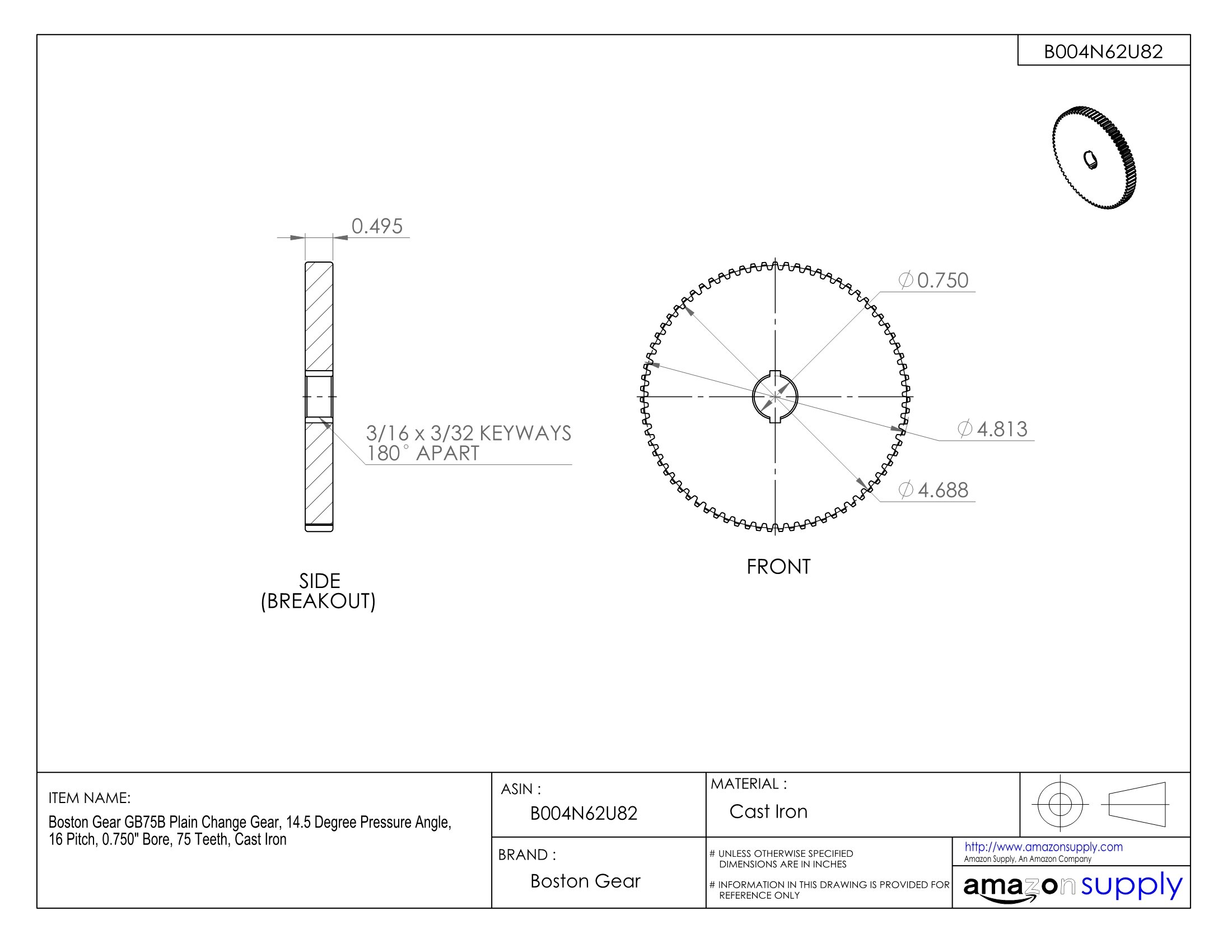 GB75B Cast Iron Plain Change Gear - 14.5° Pressure Angle, 16 Pitch, 0.750