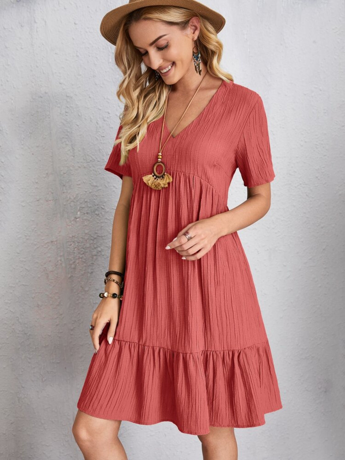 Women's Full Size V-Neck Short Sleeve Beach Dress - Flowy Summer Sundress for Vacation, Pool Party & Casual Outings