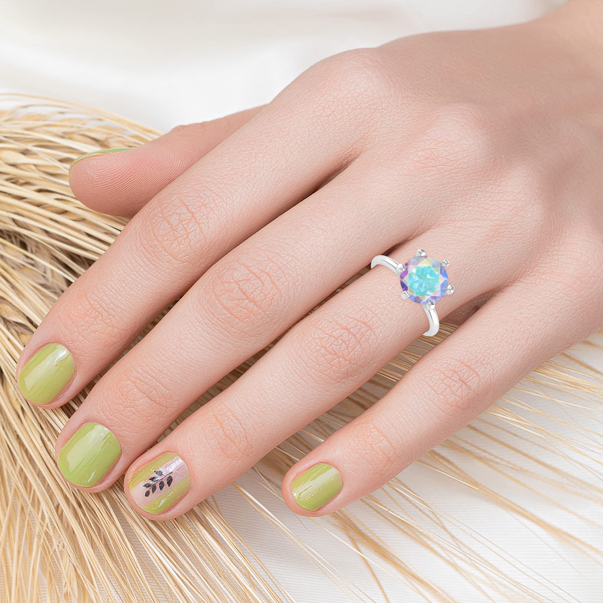 14K Sterling Silver Mercury Opal & Topaz Solitaire Ring for Women – Elegant Birthstone Jewelry for Engagement, Wedding & Anniversary Gifts