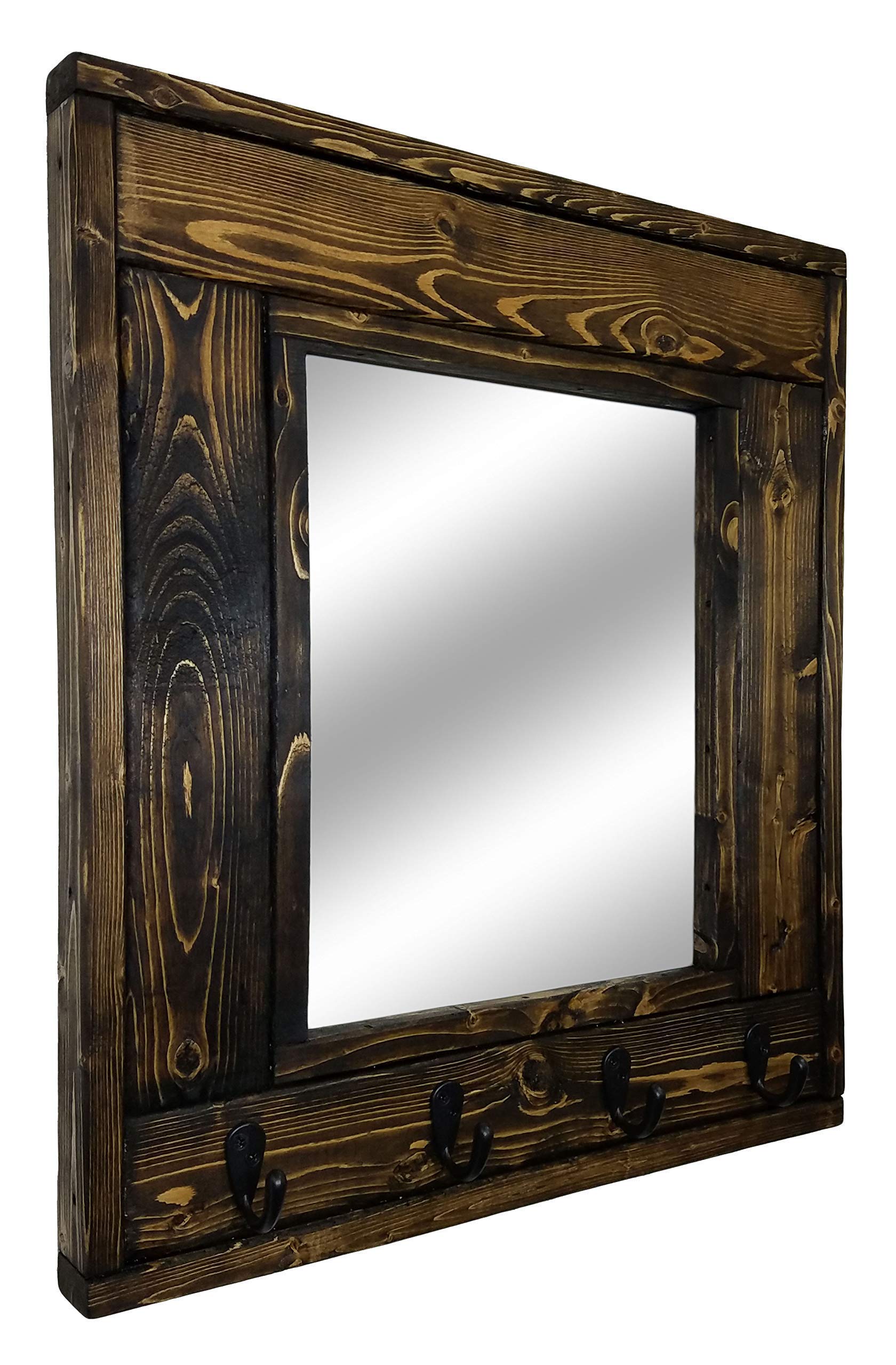 Millwood Wall Mirror with Rustic Hooks - Customizable Dark Walnut Entryway Mirror with 5 Coat Hooks - Farmhouse Decor for Hanging Keys, Hats & Jackets - Perfect for Hallway, Bedroom or Mudroom Organization