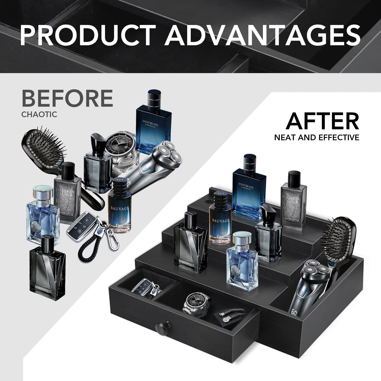 3-Tier Cologne Stand Organizer for Men - Velvet Lined Drawer & Compartments for Watch, Jewelry & Perfume Display | Perfect Gift for Father | Bathroom Countertop & Dresser Organizer for Fragrance Collection