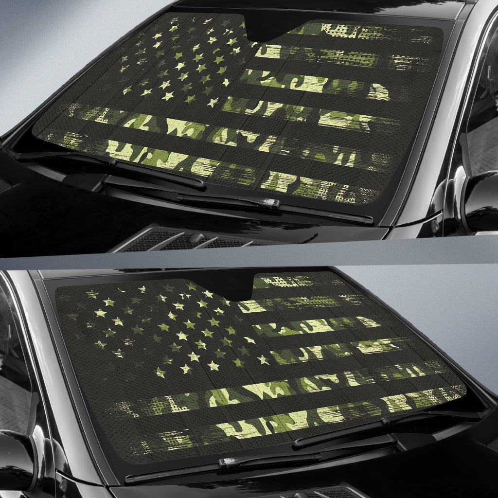 Army Green Camouflage American Flag Car Sun Shade - UV Protection Windshield Cover for Trucks & SUVs - Perfect for Outdoor Camping, Road Trips and Patriotic Events