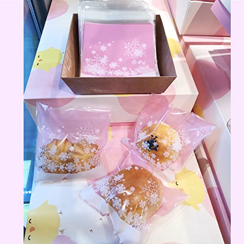 FAZHBARY 100 Pack Clear Self-Sealing Pink Snowflake Cellophane Bags - Christmas Candy Cookie Bakery Treat Bags for Holiday Parties, Gift Wrapping & Dessert Packaging